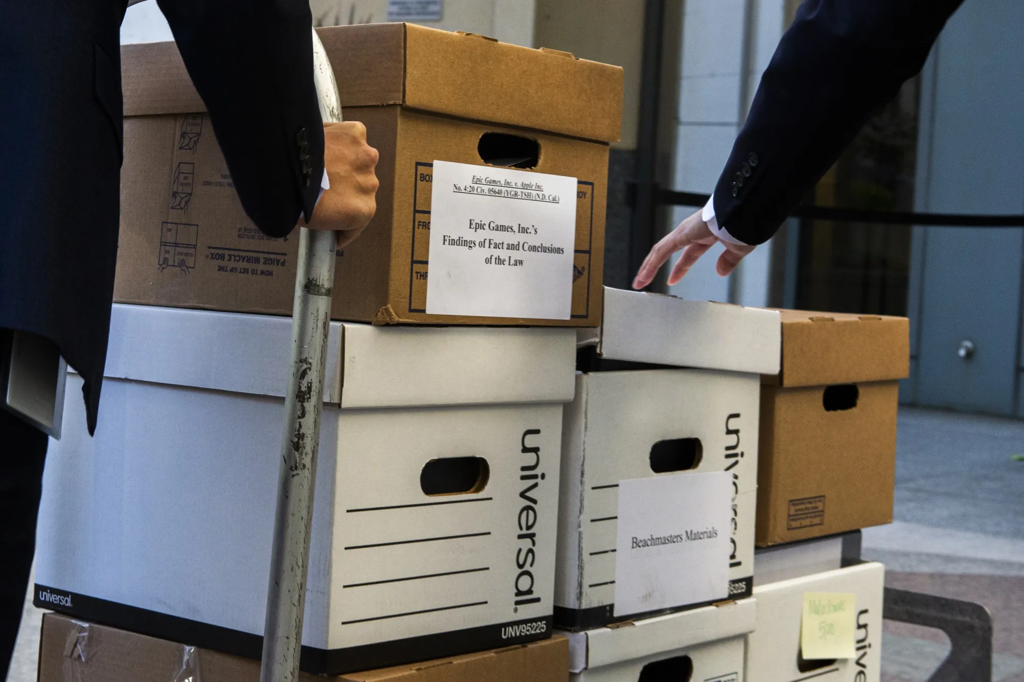 Boxes of court documents outside the U.S. district court in Oakland before an Epic-Apple trial in May.