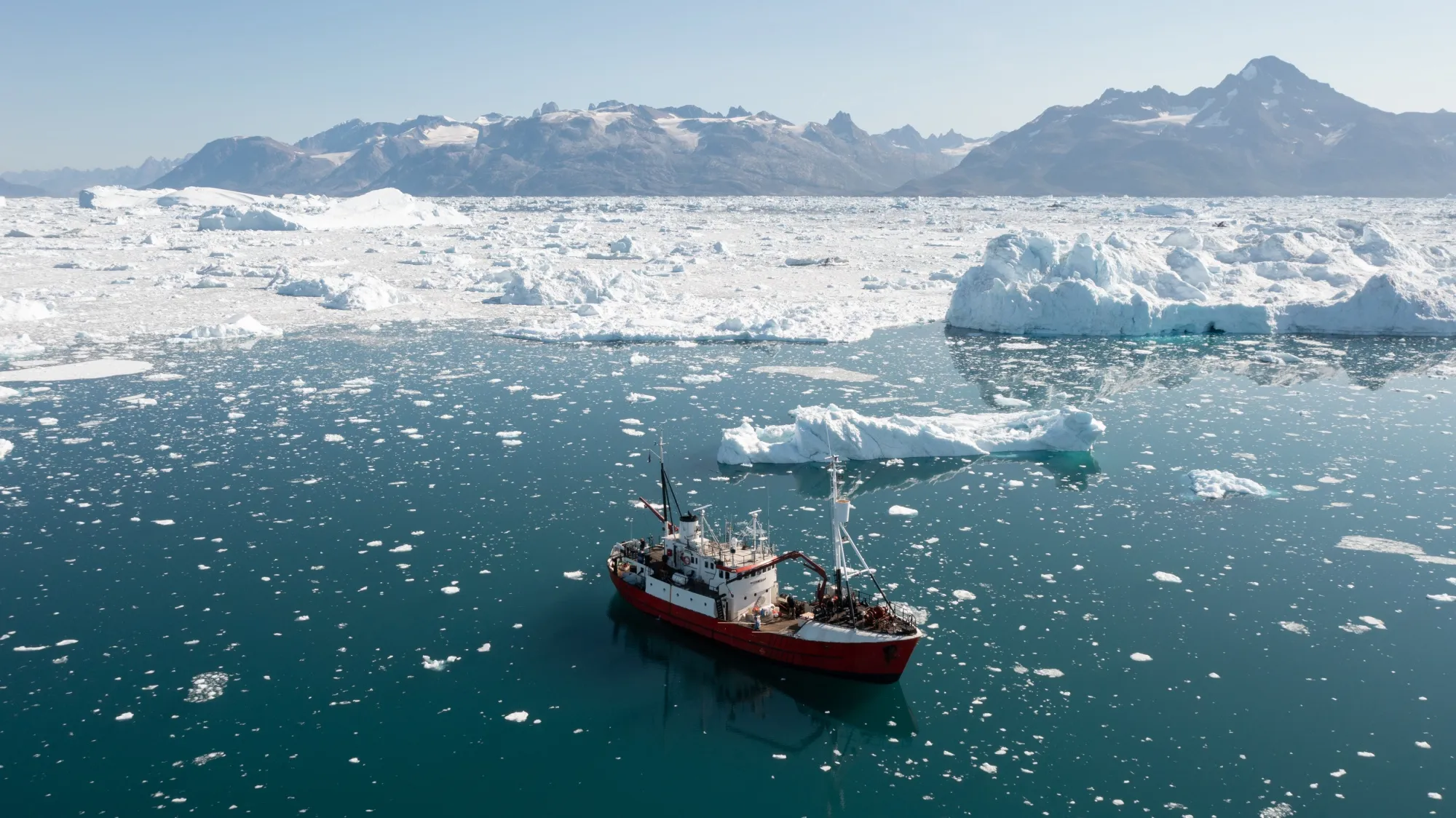 Researchers monitoring water temperatures in Sermilik Fjord, southeast Greenland.&nbsp;