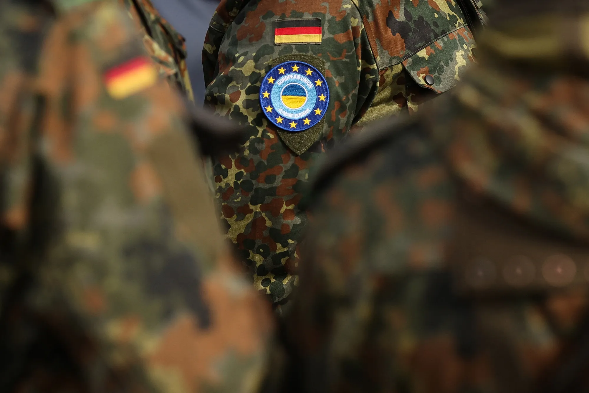 The logo of the European Union Military Assistance Mission&nbsp;on a soldier's uniform at the Klietz military training area in Klietz, Germany.