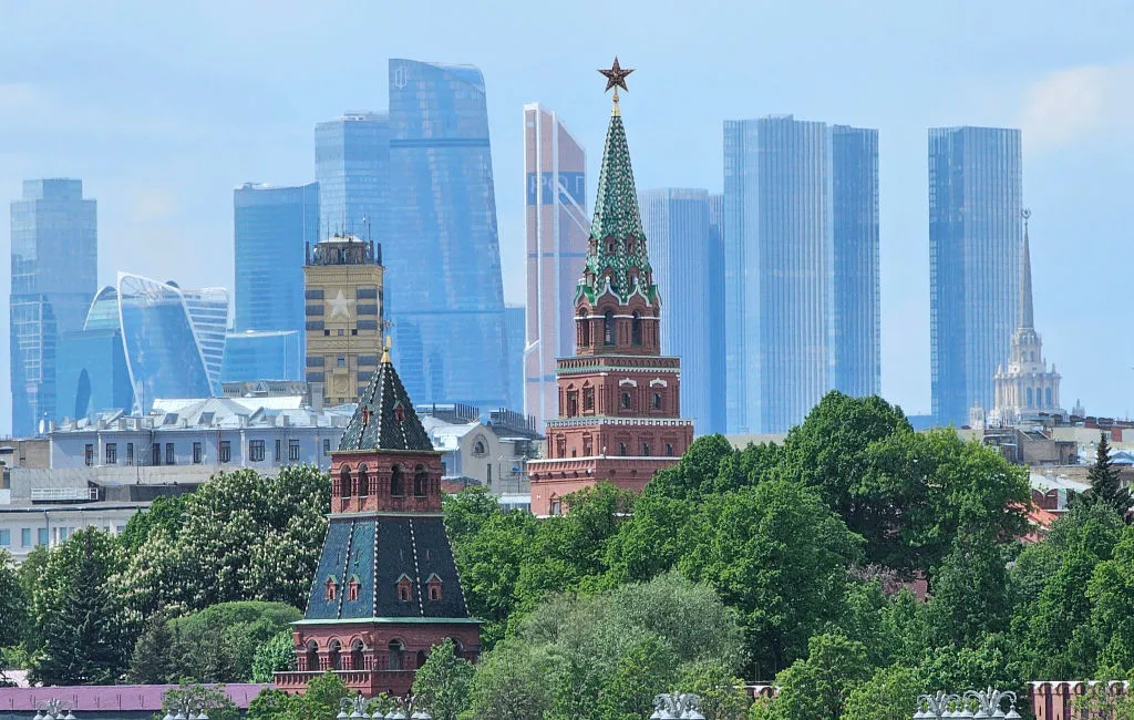 The Kremlin and skyscrapers, Moscow.