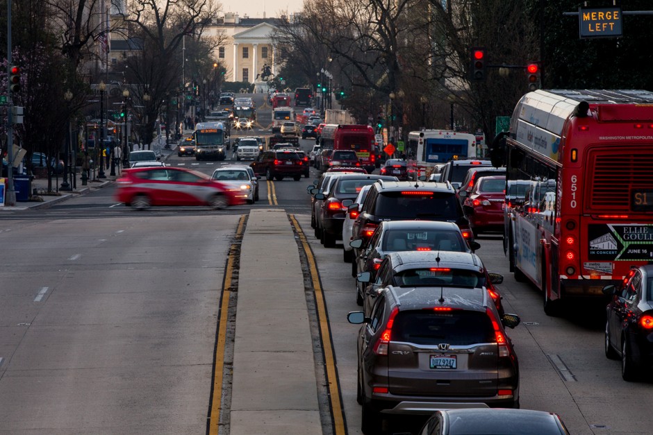 Traffic builds along 16th Street in Washington, D.C. on the morning of a complete Metrorail shutdown.