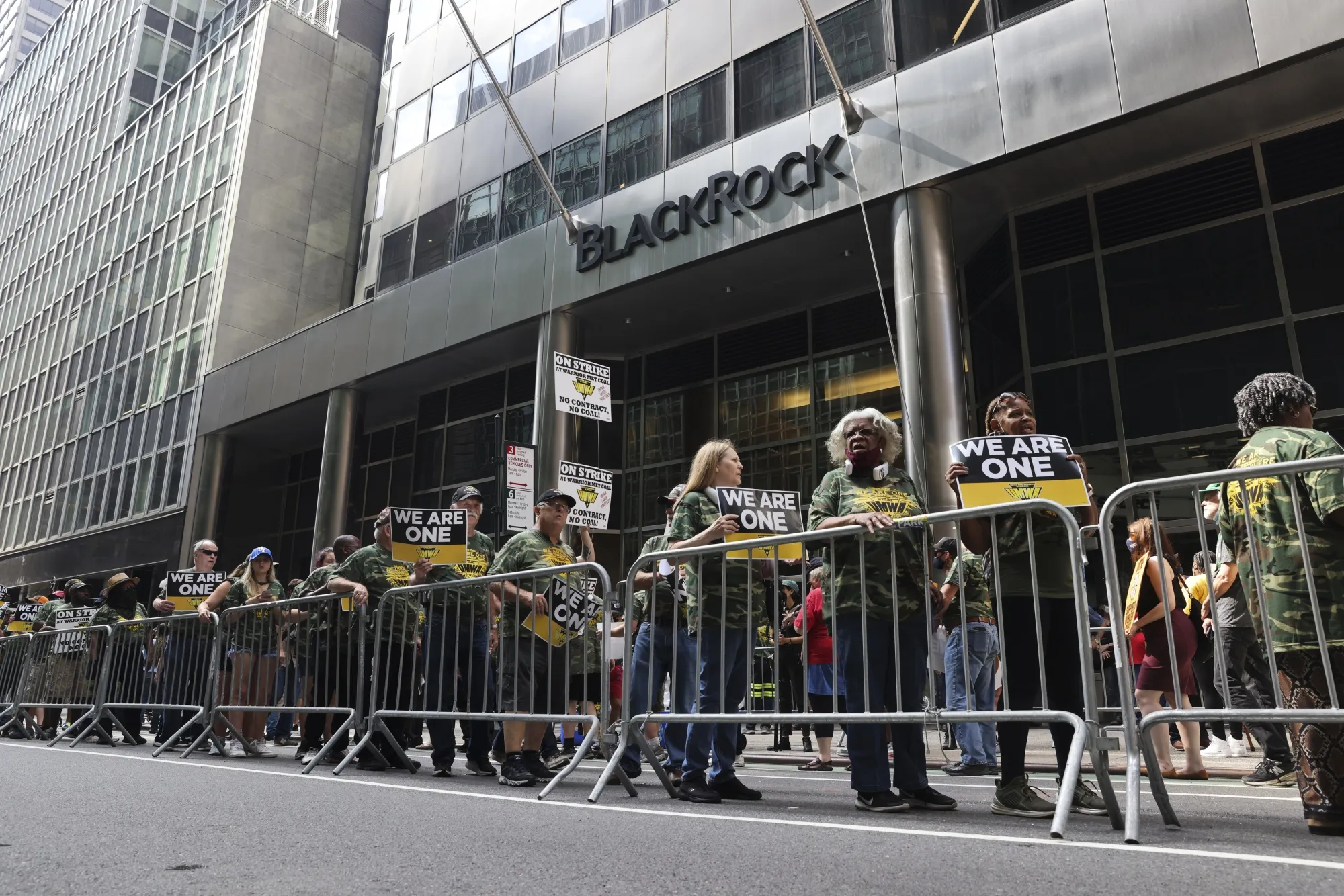 Members of the United Mine Workers of America picket outside the BlackRock offices in New York, on July 28.