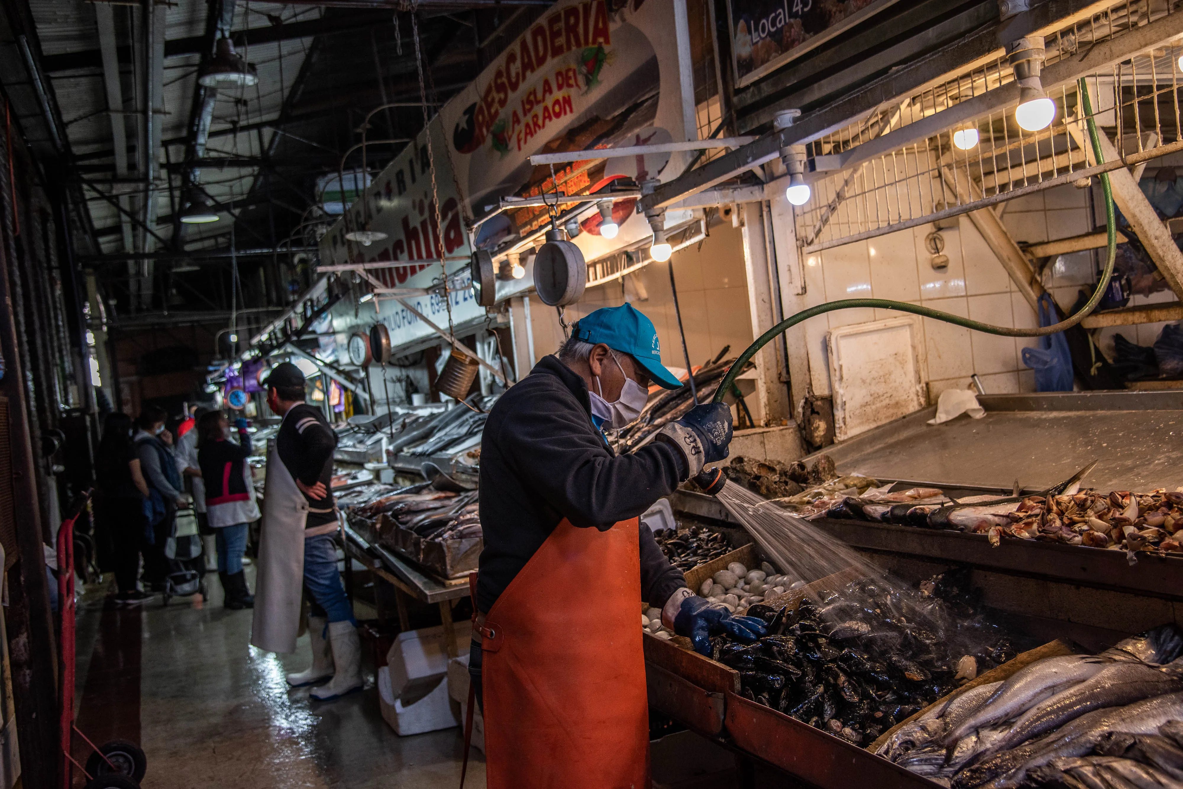 A worker wearing a protective mask washes seafood at a stand inside a fish market in Santiago, Chile