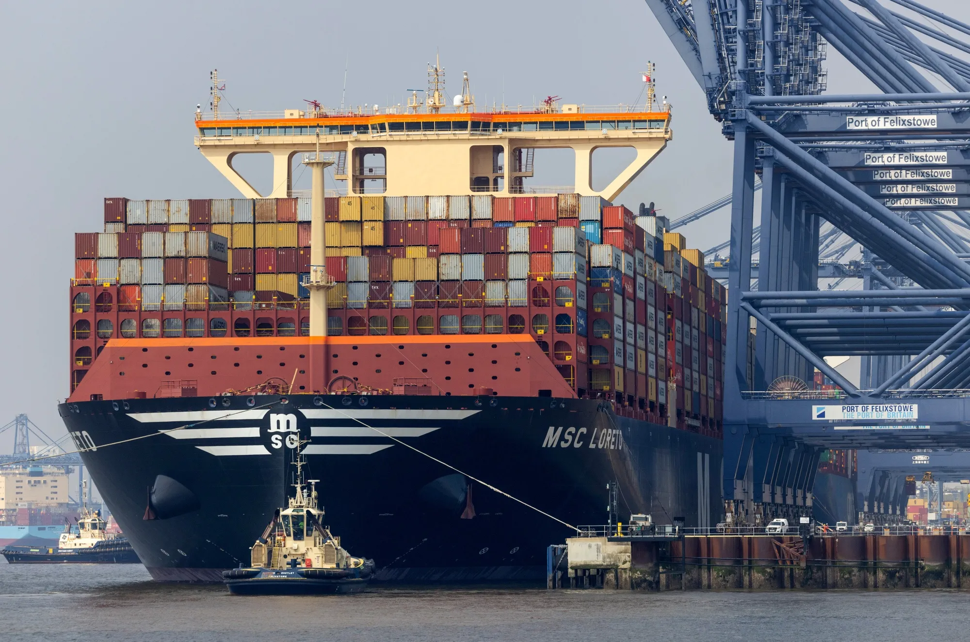 A container ship at the Port of Felixstowe, UK.
