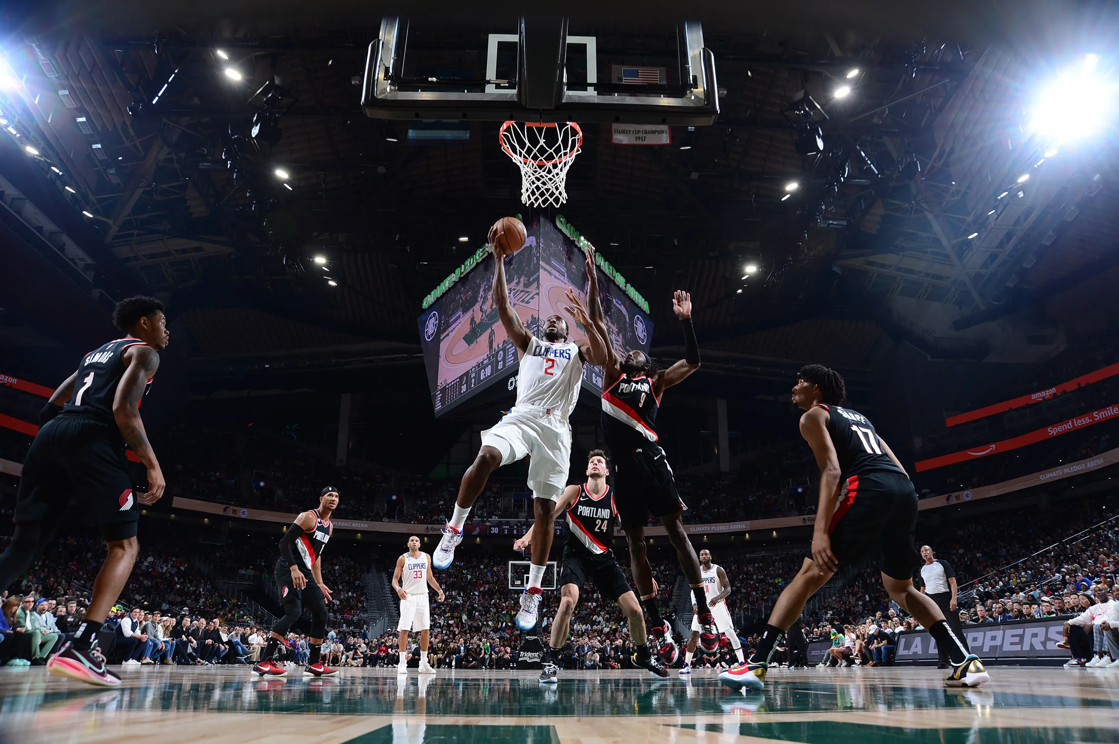 Kawhi Leonard of the LA Clippers shoots the ball against the Portland Trail Blazers during a preseason game at Climate Pledge Arena in Seattle on Oct. 3.