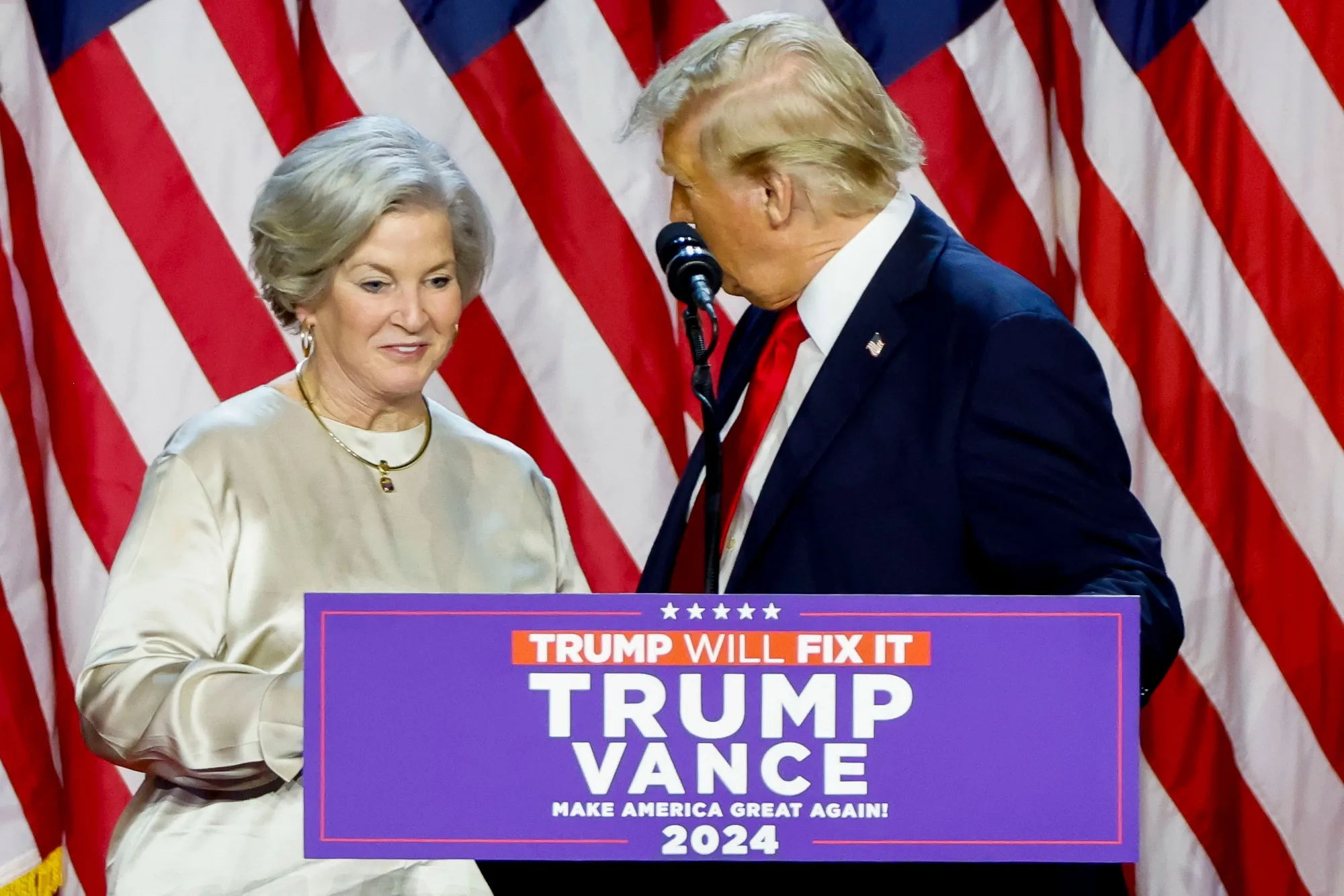 Susie Wiles, co-chair of the Trump 2024 campaign, left, and Donald Trump during an election night watch party&nbsp;in West Palm Beach, Florida.