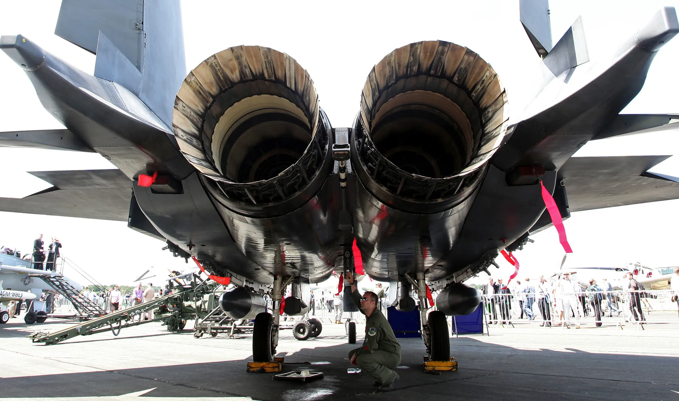 A Boeing F-15E Strike Eagle fighter jet.
