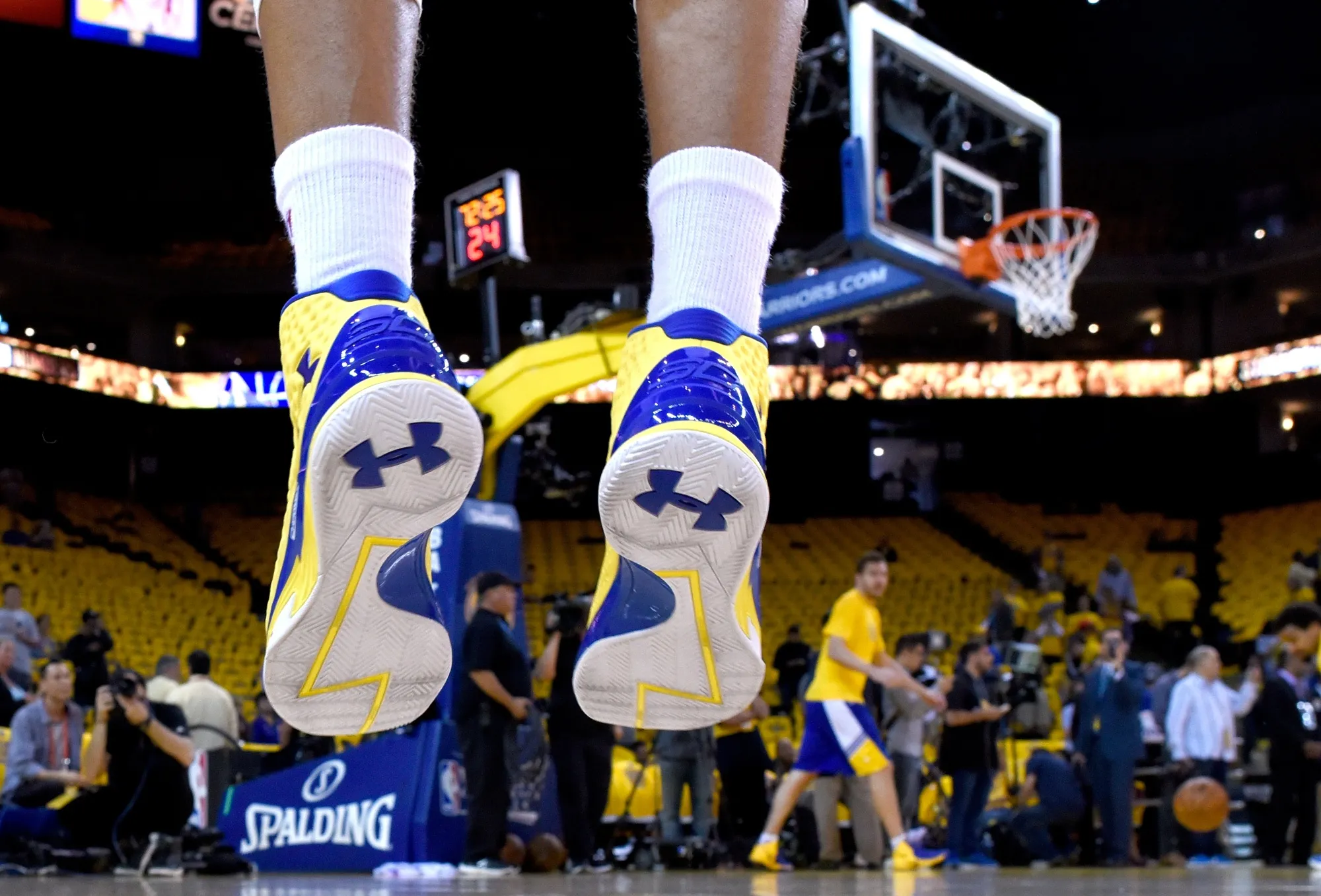 The Under Armour Curry One sneakers worn&nbsp;by Stephen Curry&nbsp;as he warms up before a game&nbsp;in Oakland, California.