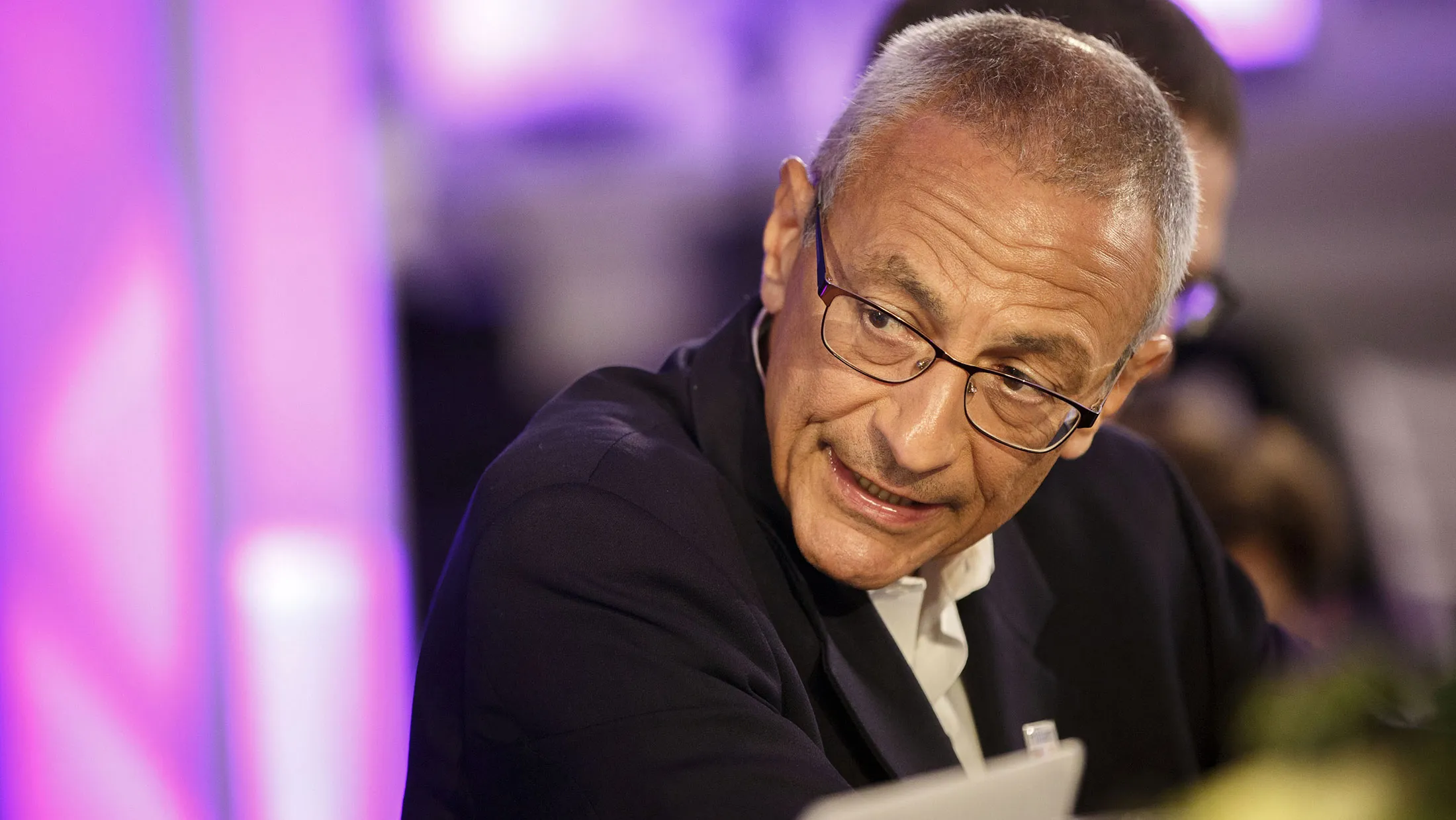 John Podesta speaks during a Bloomberg Politics interview on the sidelines of the Democratic National Convention in Philadelphia on July 26, 2016.
