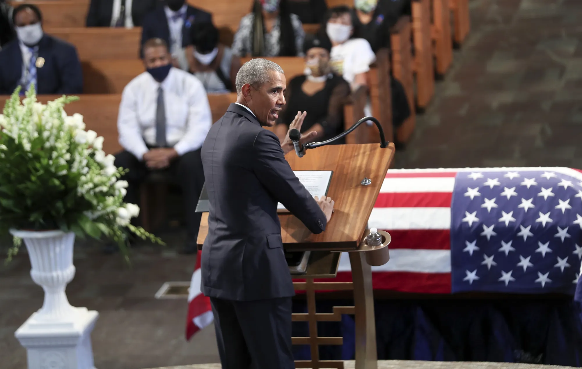 Barack Obama gives the eulogy at the funeral service for&nbsp;John Lewis at Ebenezer Baptist Church in Atlanta on July 30.