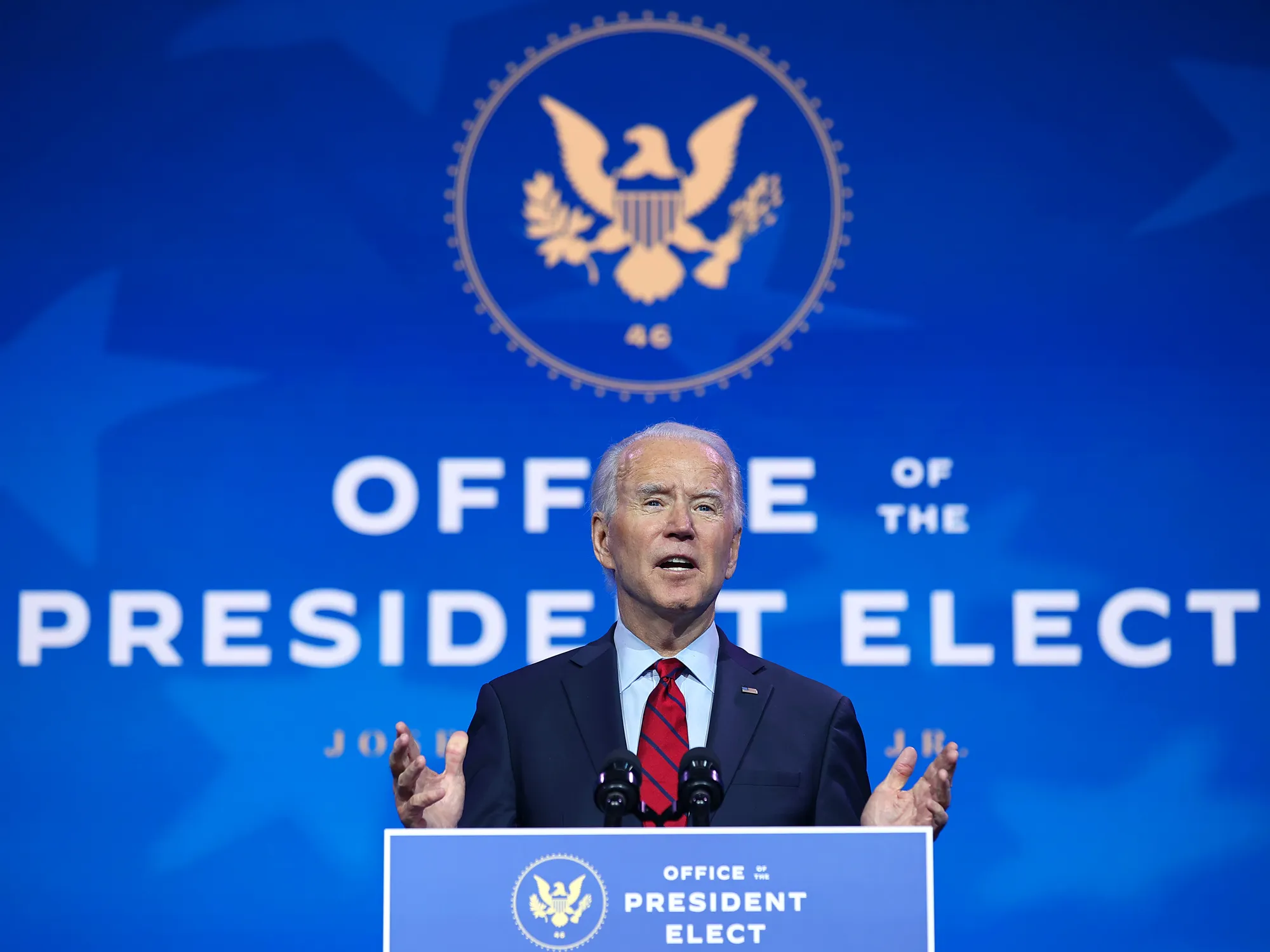 WILMINGTON, DELAWARE - DECEMBER 08: U.S. President-elect Joe Biden announces the members of his health team, including his pick for secretary of Health and Human Services Xavier Becerra, at the Queen Theater December 08, 2020 in Wilmington, Delaware. With the novel coronavirus pandemic continuing to ravage the country with daily records for infections and deaths, members of Biden's health team said they will make fighting COVID-19 the priority. (Photo by Chip Somodevilla/Getty Images)