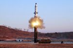 The launch of a surface-to-surface medium long-range ballistic missile Pukguksong-2 in North Korea in Feb. 2017.