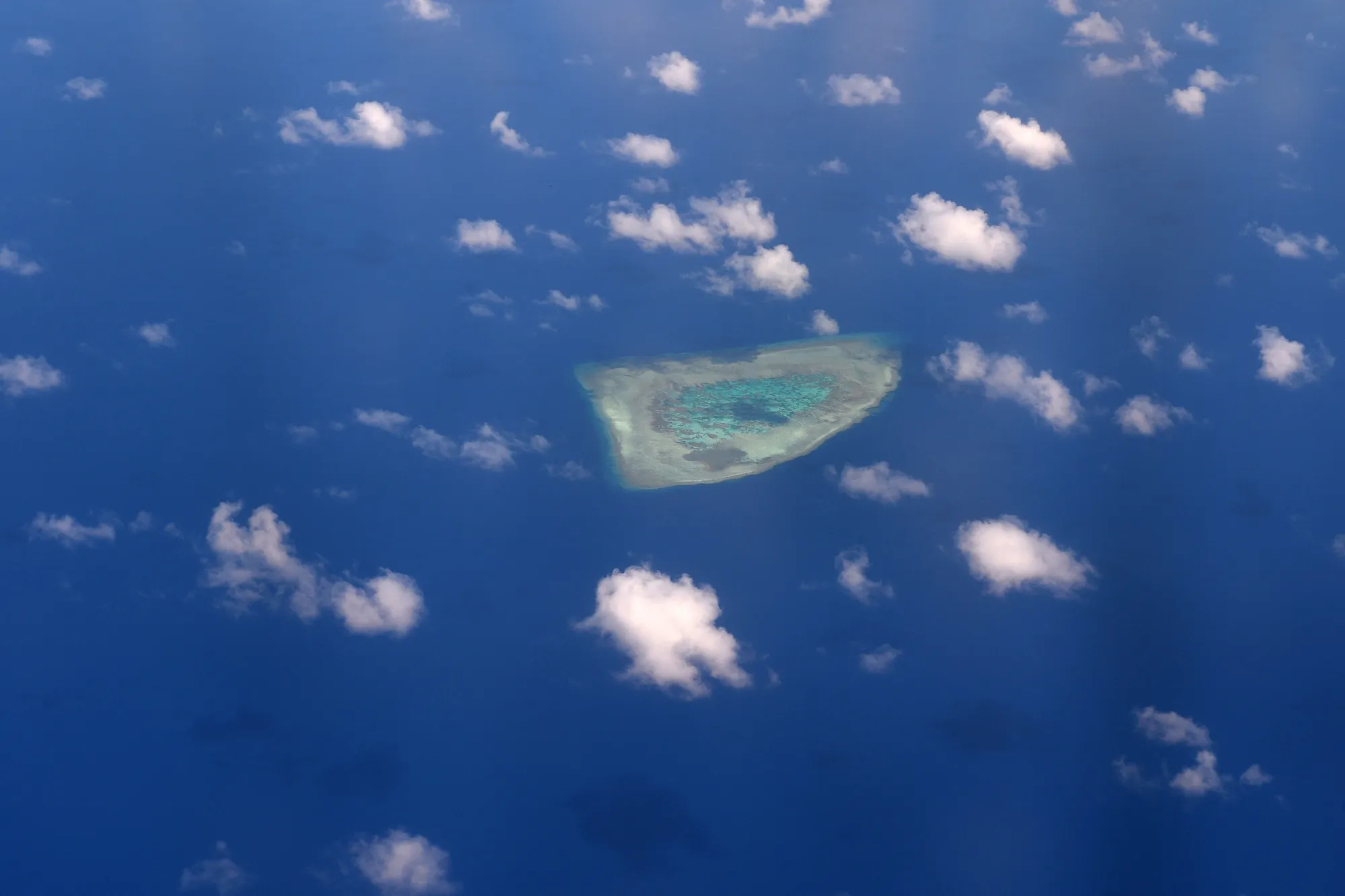 An aerial view of a reef in the disputed Spratly islands.&nbsp;