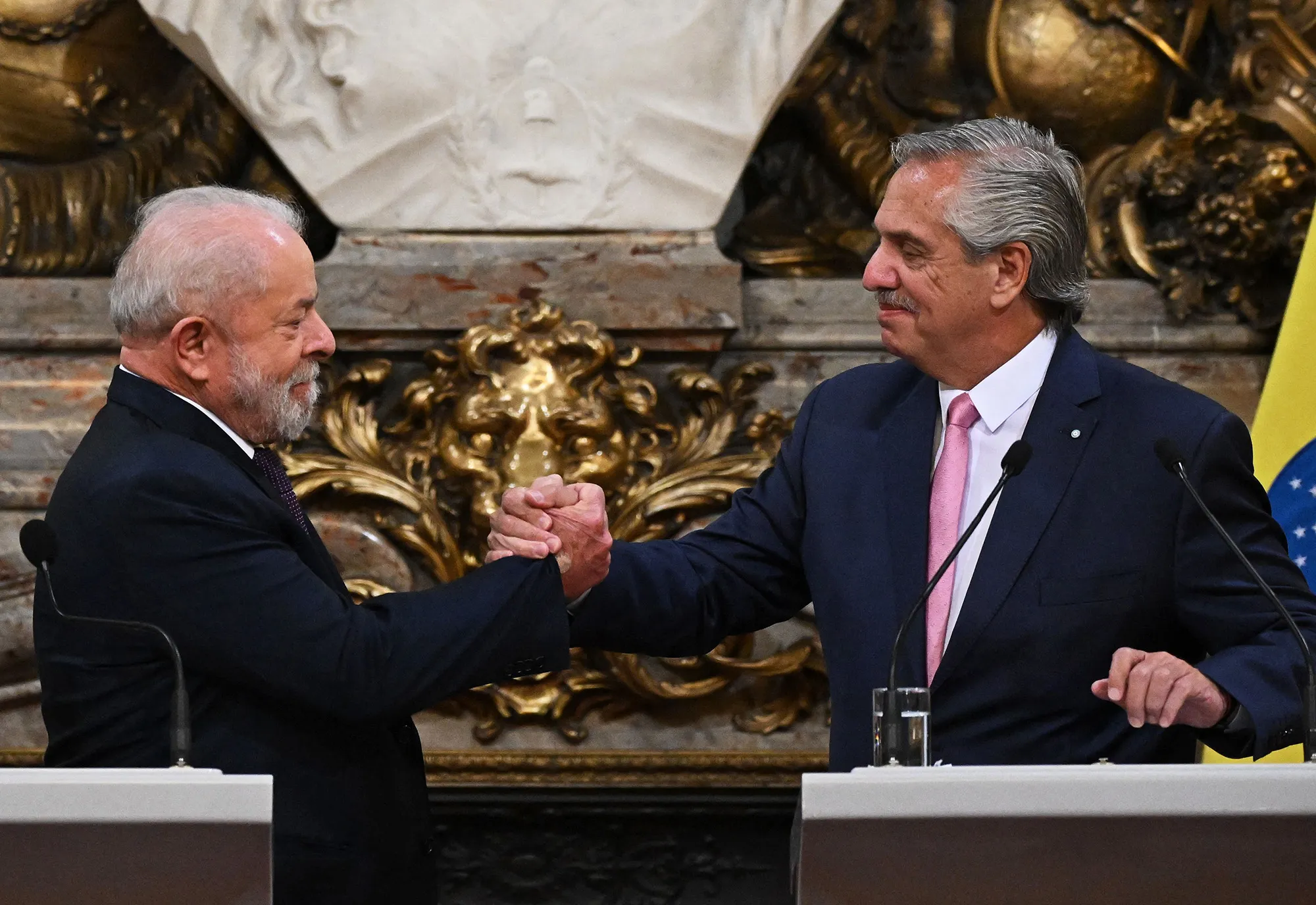 Luiz Inacio Lula da Silva and Alberto Fernandez during a press conference at the Casa Rosada presidential palace in Buenos Aires on Jan. 23.