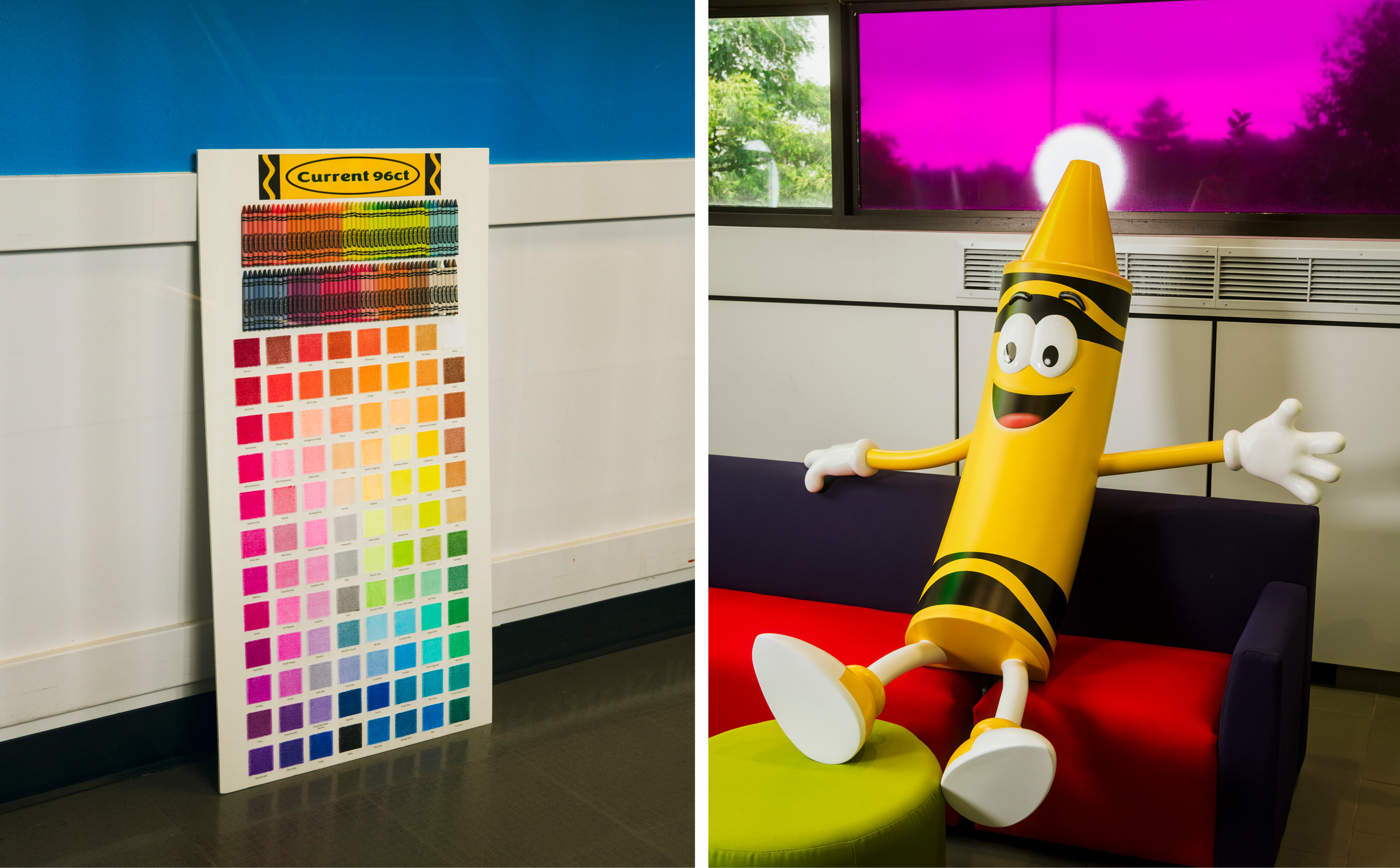 Left: Color swatches for the 96-count crayon pack. Right: “Mr. Tip” greets office employees and visitors. 