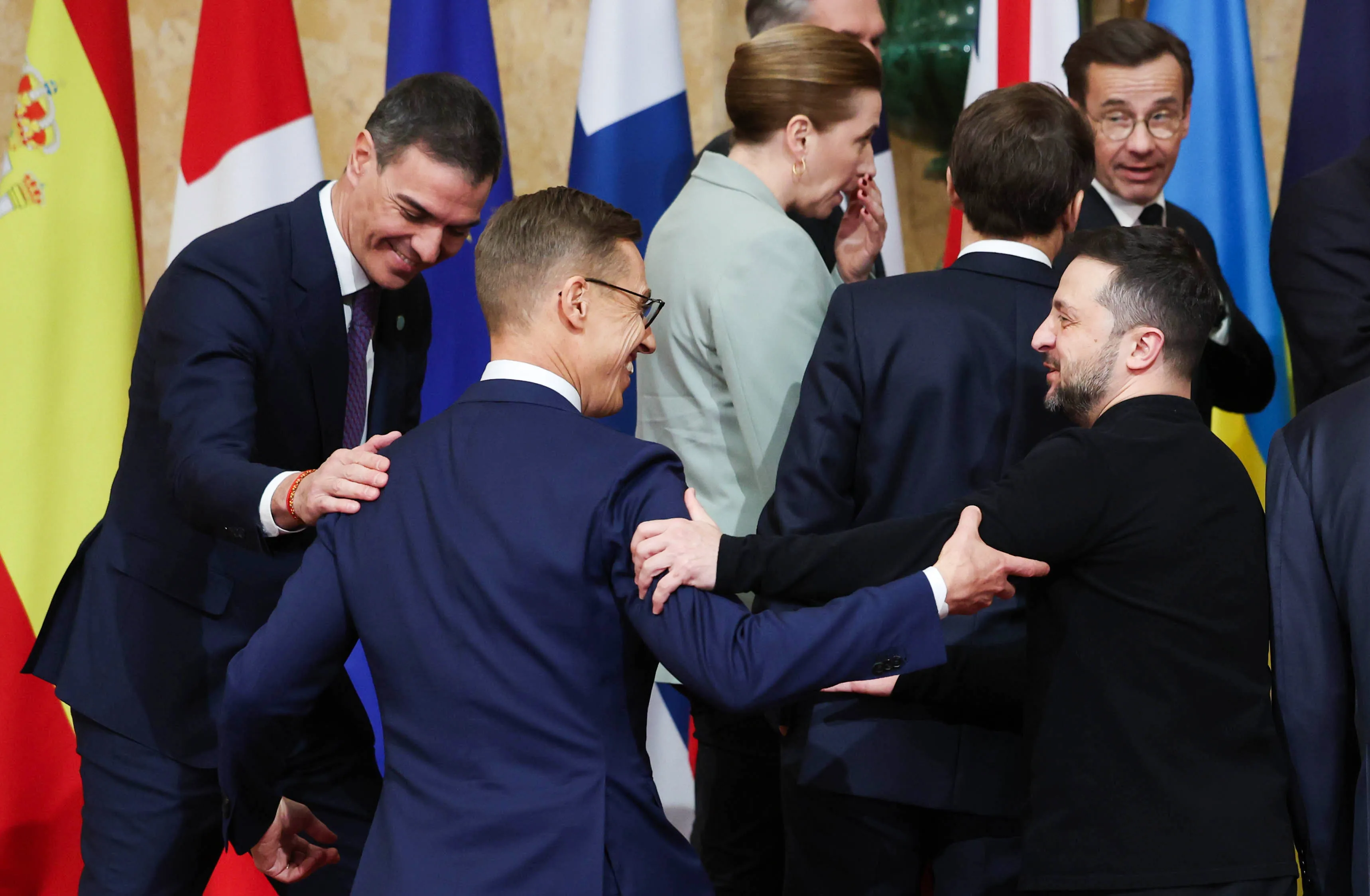 Pedro Sanchez, Spain's prime minister, Alexander Stubb, Finland's president, and Volodymyr Zelenskiy, Ukraine's president