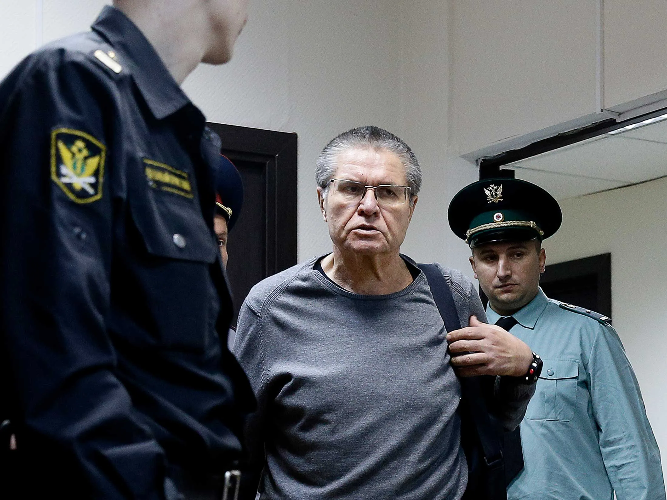 Former Russian Economy Minister Ulyukayev, charged with taking a $2 million bribe, appears at the Zamoskvoretsky District Court in Moscow.