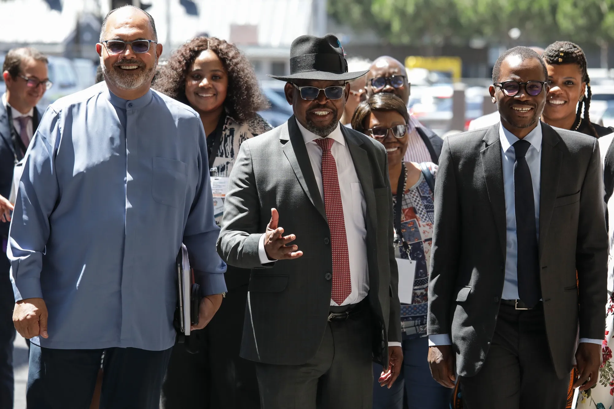 South African Finance Minister Enoch Godongwana, center, ahead of the budget presentation in Cape Town in February&nbsp;2023.&nbsp;