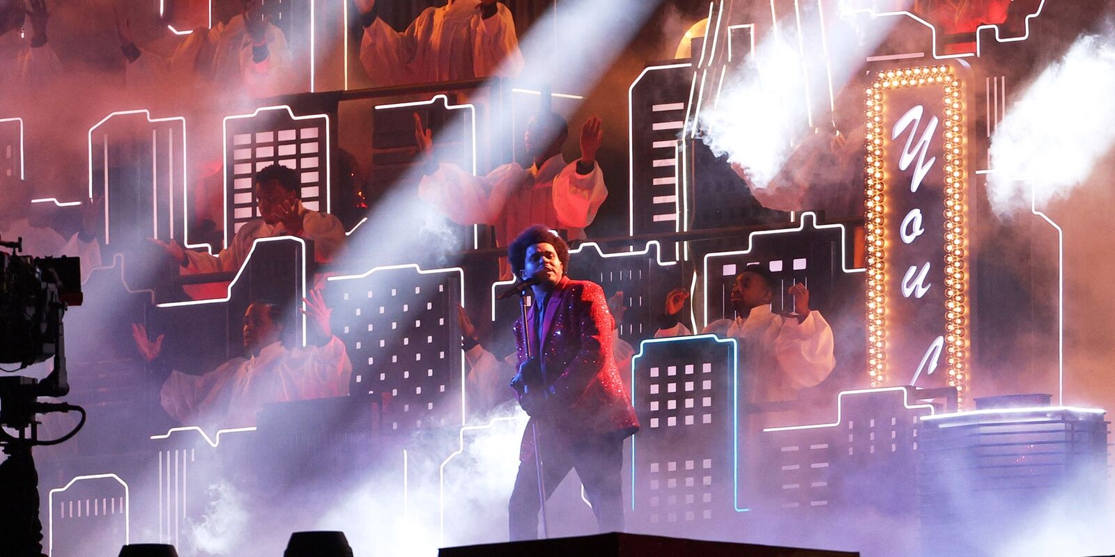 The Weeknd performs during the Super Bowl Halftime Show in Tampa, Florida, on Feb. 7, 2021.