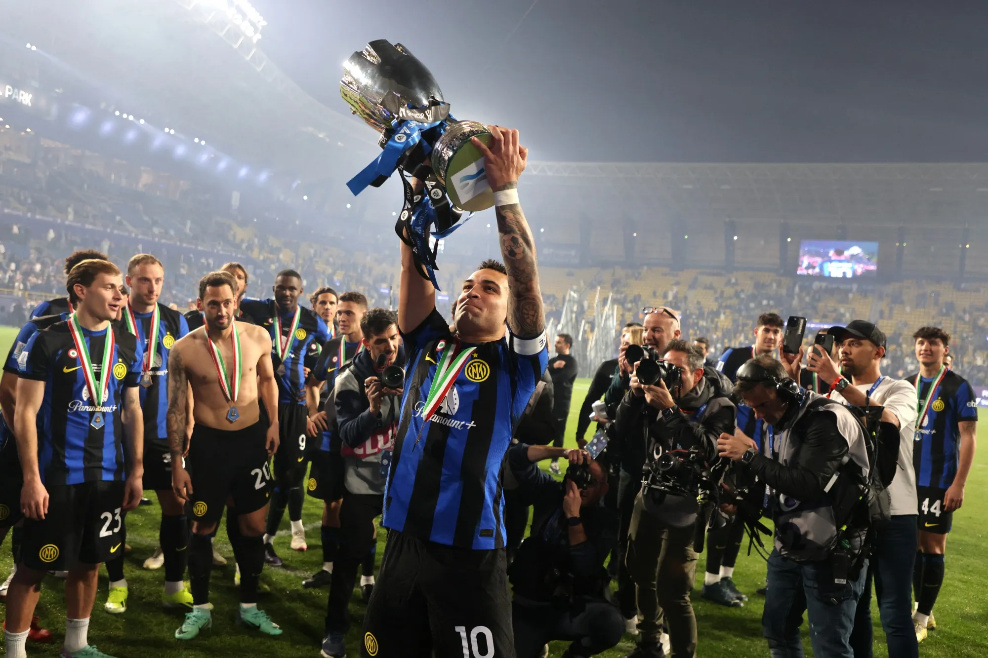 Inter Milan players celebrate winning the Italian Super Cup final in January.