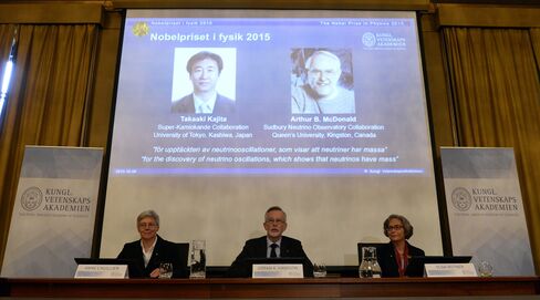 Photos of the winners of the Nobel Prize in Physics 2015 Takaaki Kajita and Arthur B. McDonald