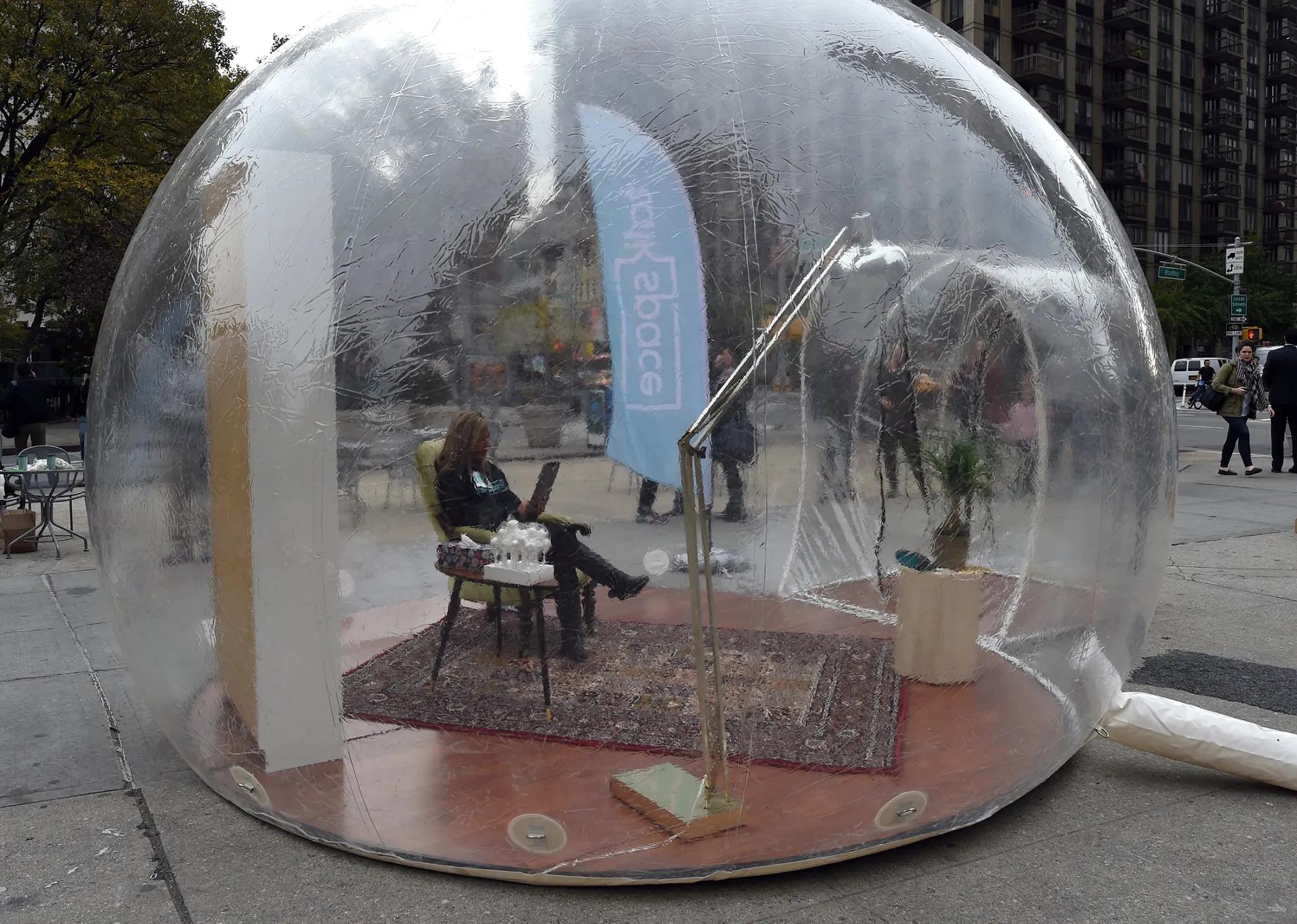 A Talkspace therapist texts with a patient from a plastic bubble&nbsp;in New York.