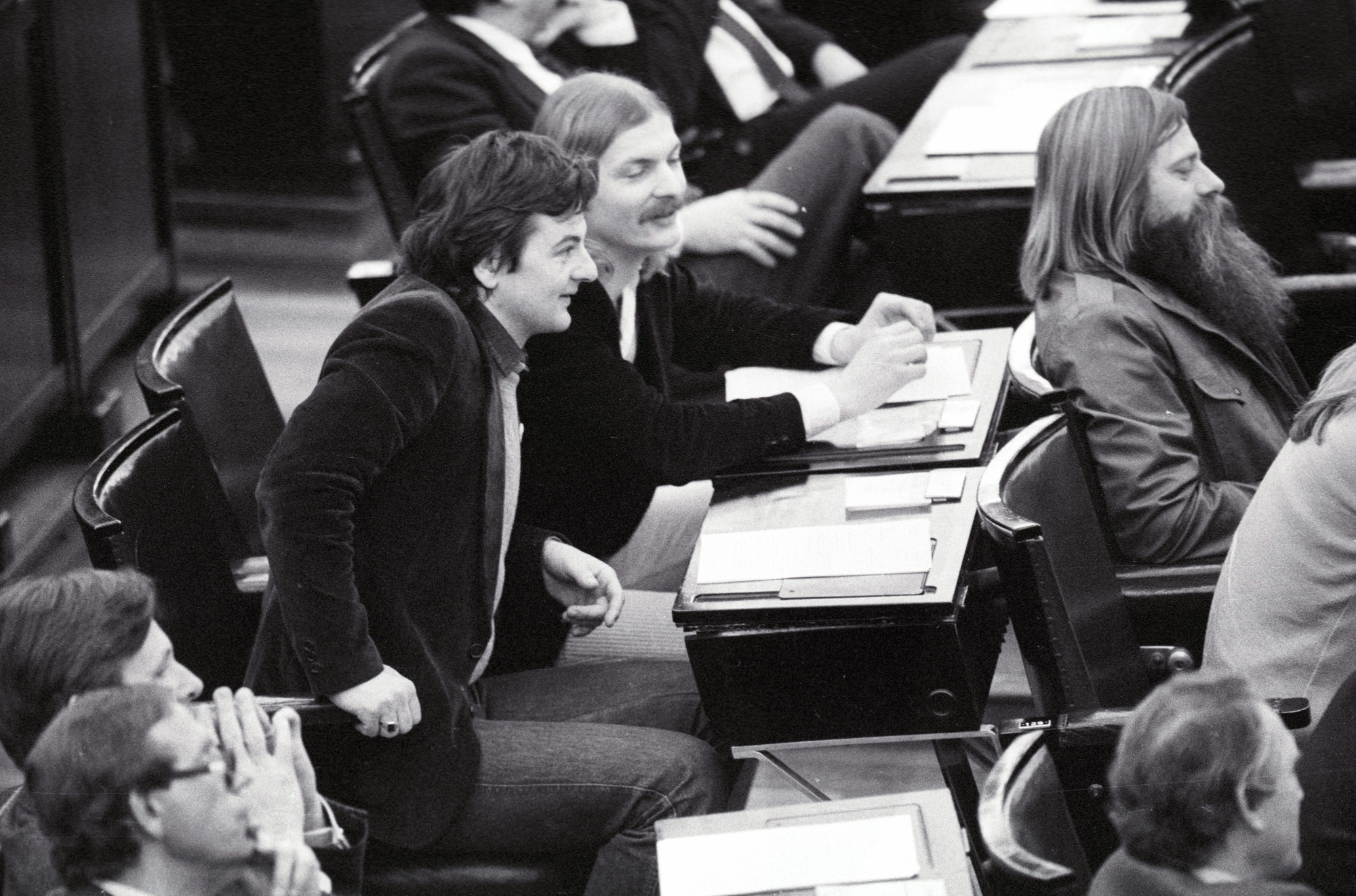 Joschka FISCHER, Hubert KLEINERT, Gert JANNSEN ( The Greens ) at the Federal German Parliament.