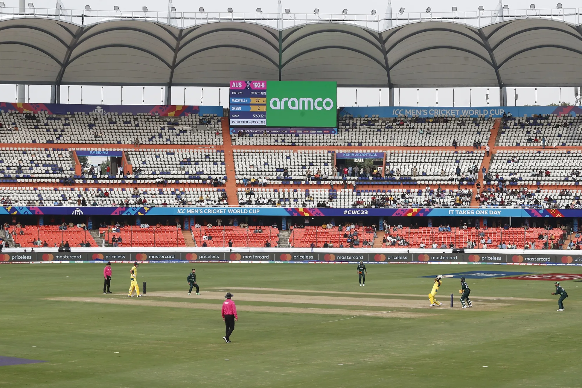 An advertisement for Aramco displayed on a scoreboard during the ICC World Cup India 2023 warm up match in Hyderabad on Oct. 3.