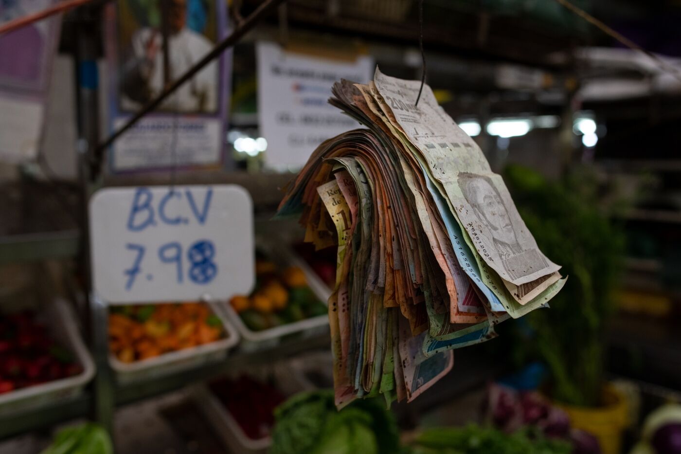 A stack of old Bolivar banknotes in Caracas, Venezuela.&nbsp;