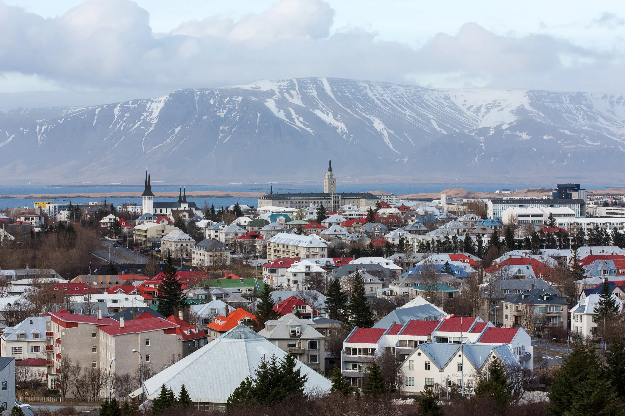 Residential properties stand on the city skyline in Reykjavik.