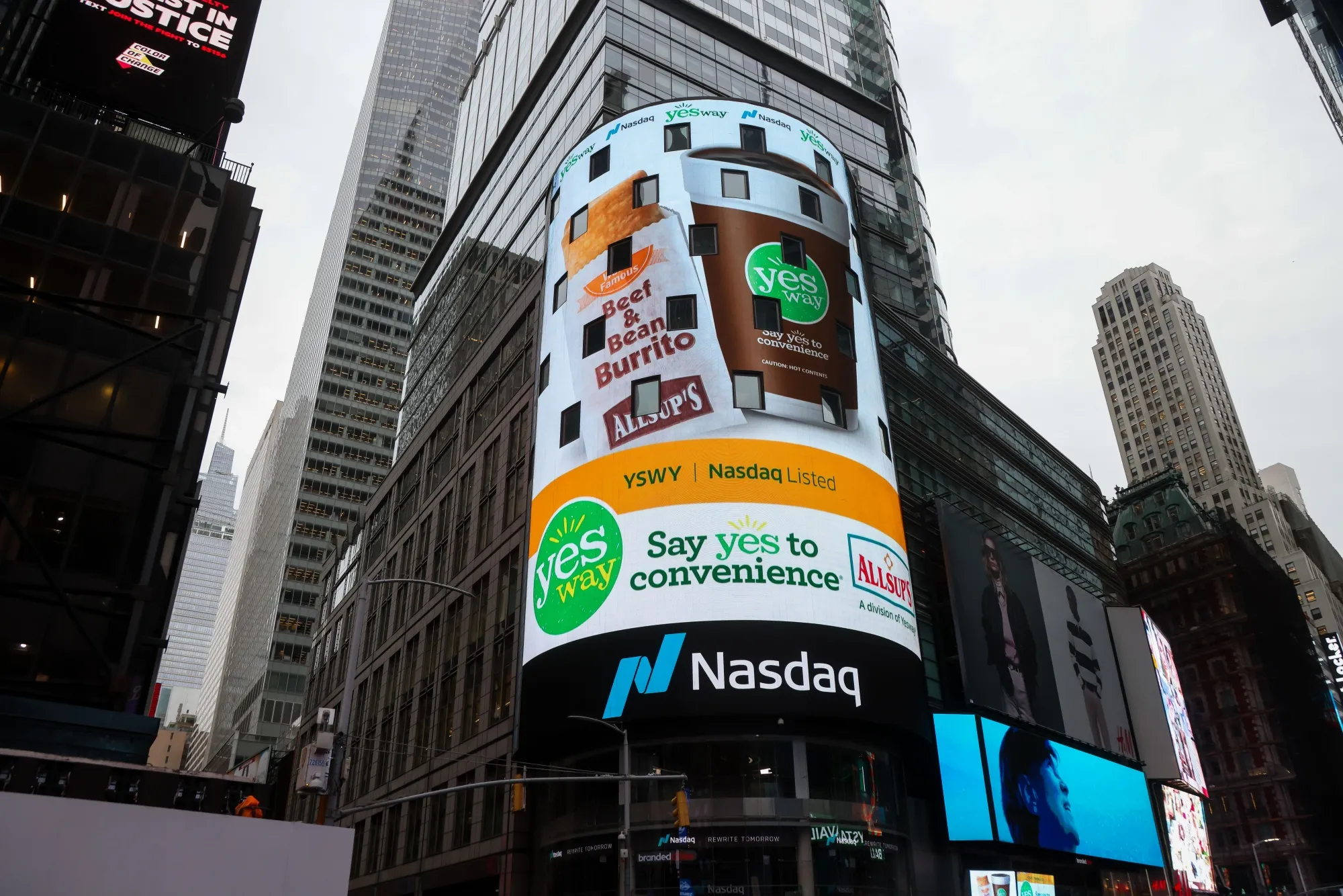 Yesway Inc. signage during the company's initial public offering (IPO) at the Nasdaq MarketSite in New York on April 22.