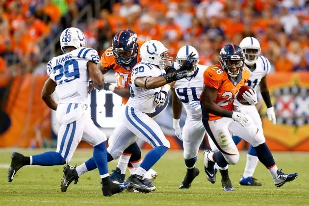 Running back Montee Ball of the Denver Broncos rushes against the Indianapolis Colts during a game at Sports Authority Field at Mile High on Sept. 7 in Denver