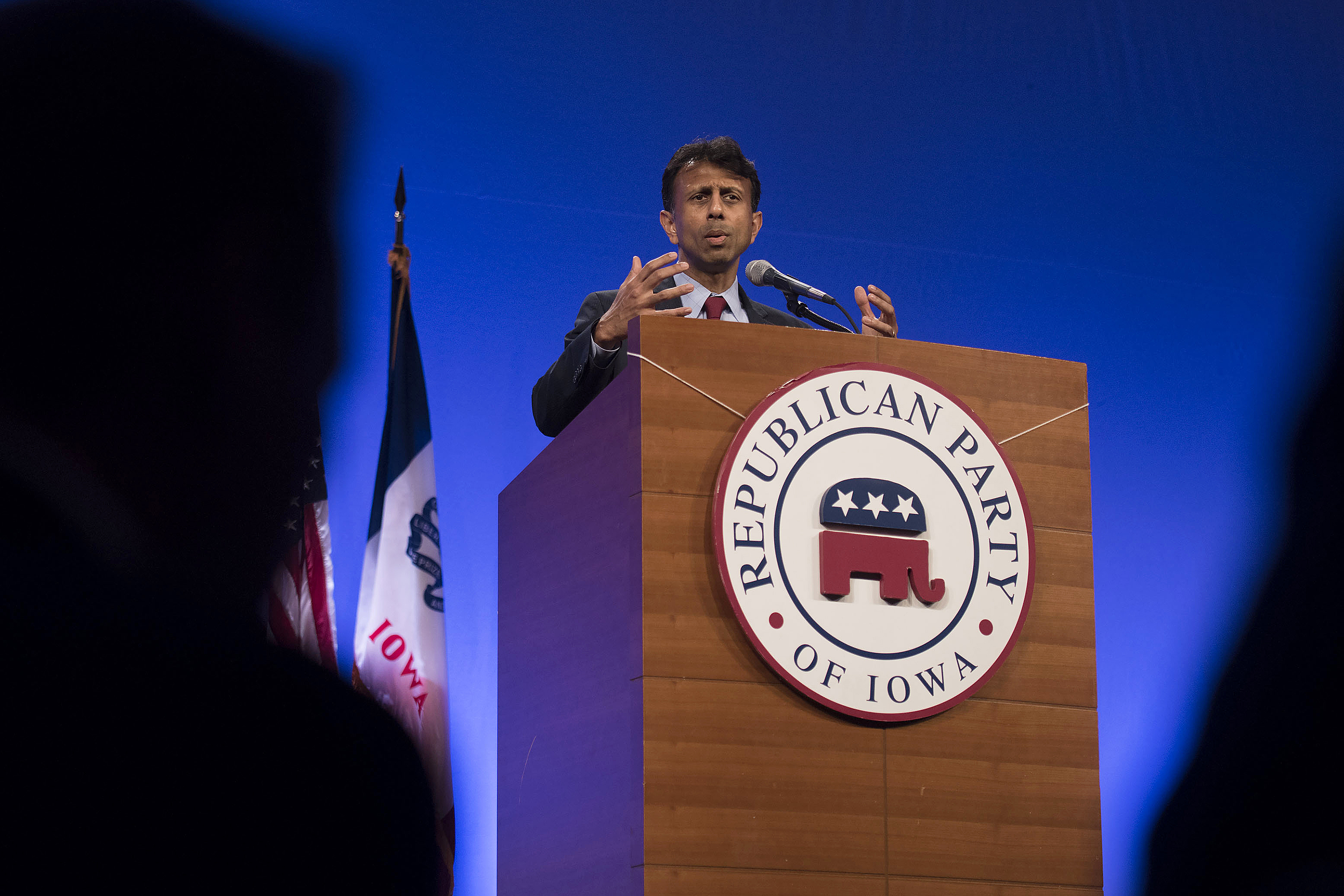 Bobby Jindal, governor of Louisiana, speaks during the Republican Party of Iowa's Lincoln Dinner in Des Moines, Iowa. Photographer: Daniel Acker/Bloomberg
