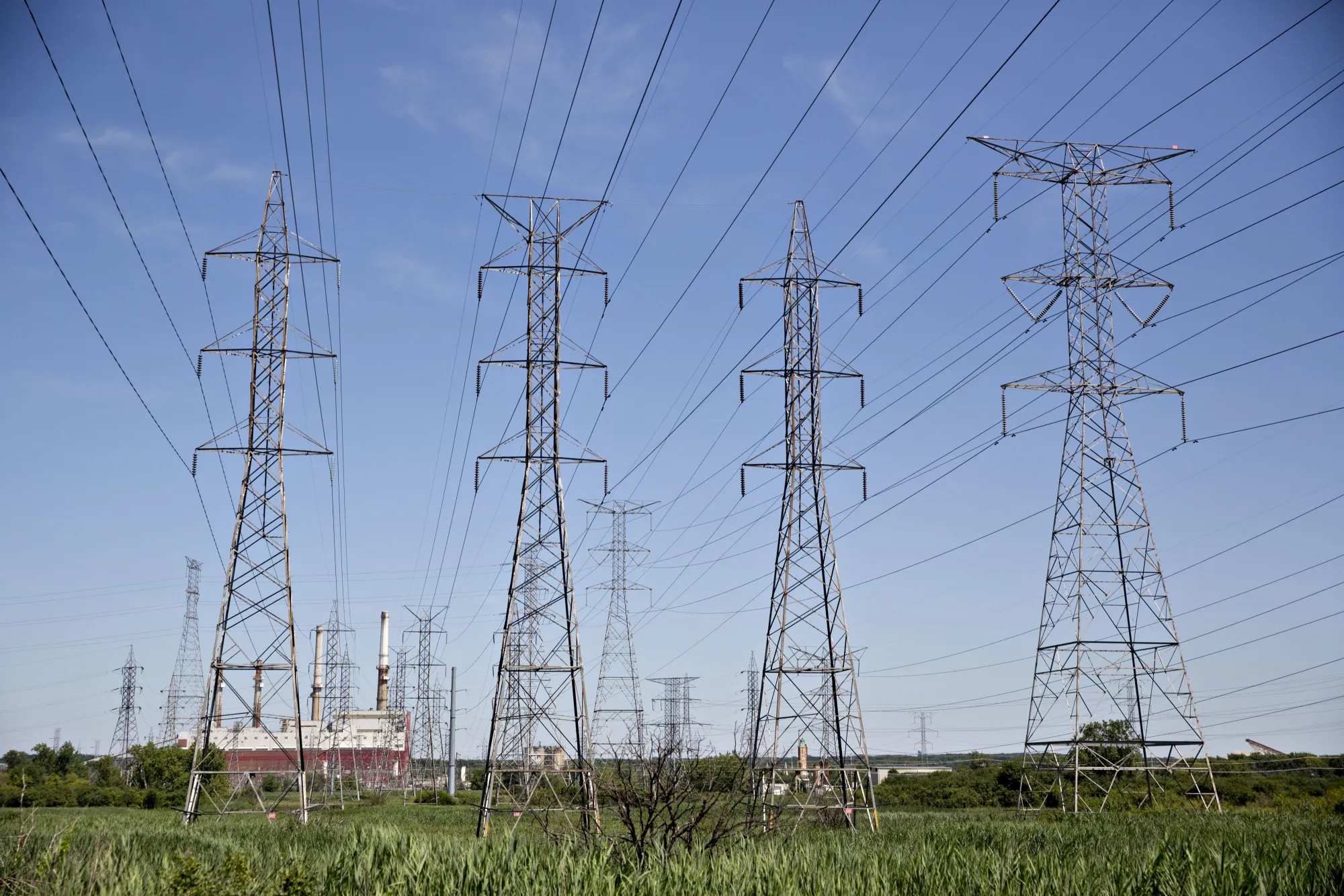 Power lines at a generating station in Joliet, Illinois.