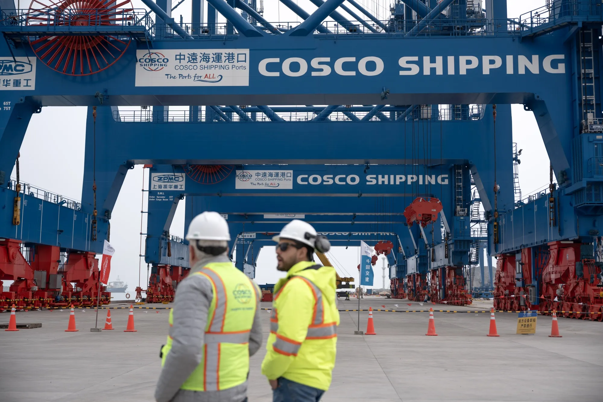 Workers at Cosco’s Chancay port under construction in Peru in July 2024.