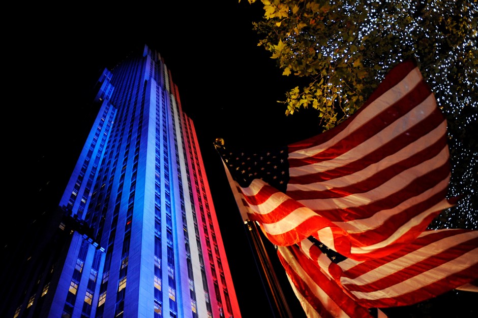 Rockefeller Center is lit up to reflect the results of the U.S. electoral college votes in New York.