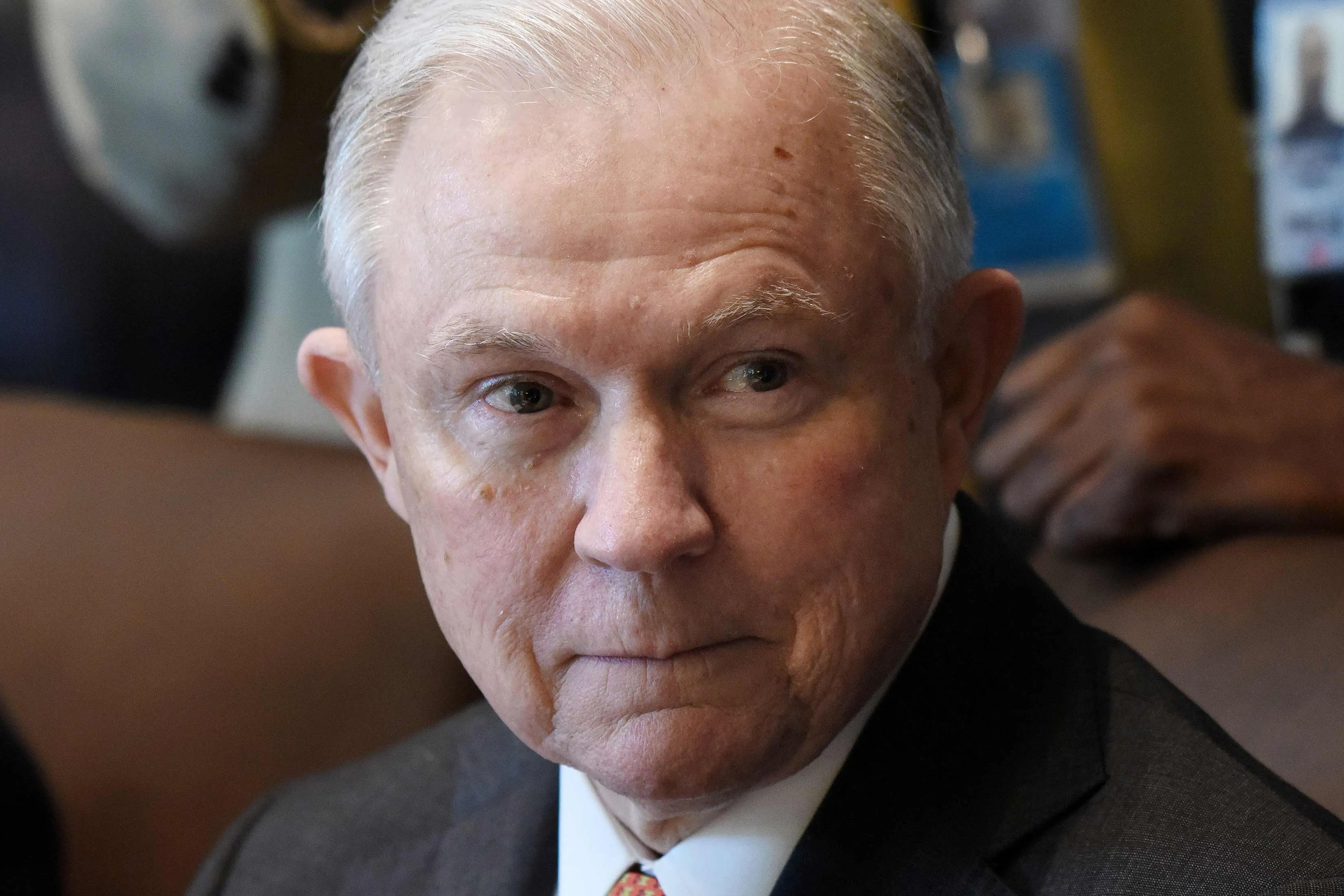 U.S. Attorney General Jeff Sessions looks on during a meeting with President Donald Trump in the White House’s&nbsp;Cabinet Room on June 12, 2017.
