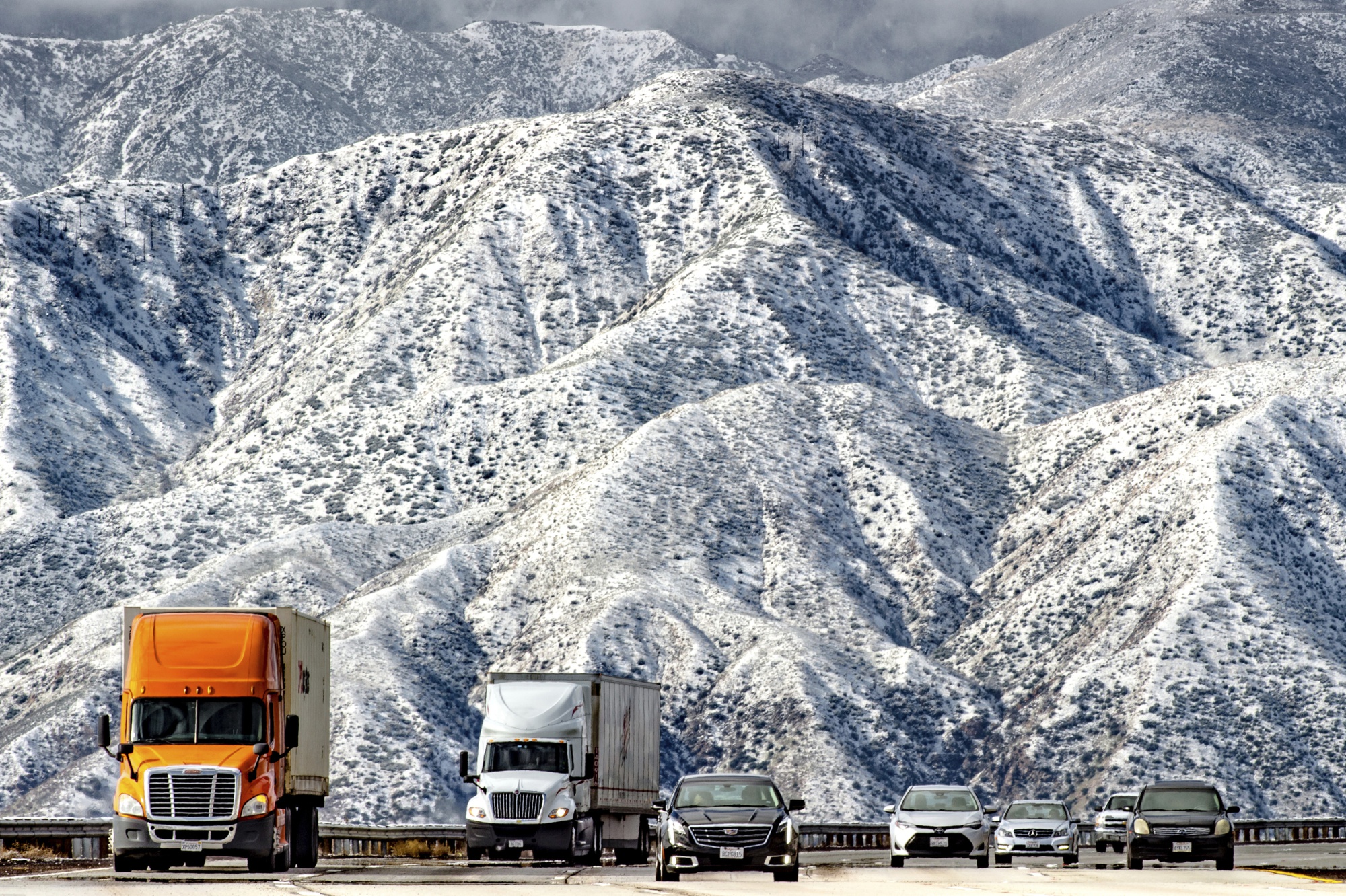 Mountains are blanketed near Hwy 138 in Phelan, California on Feb. 21.