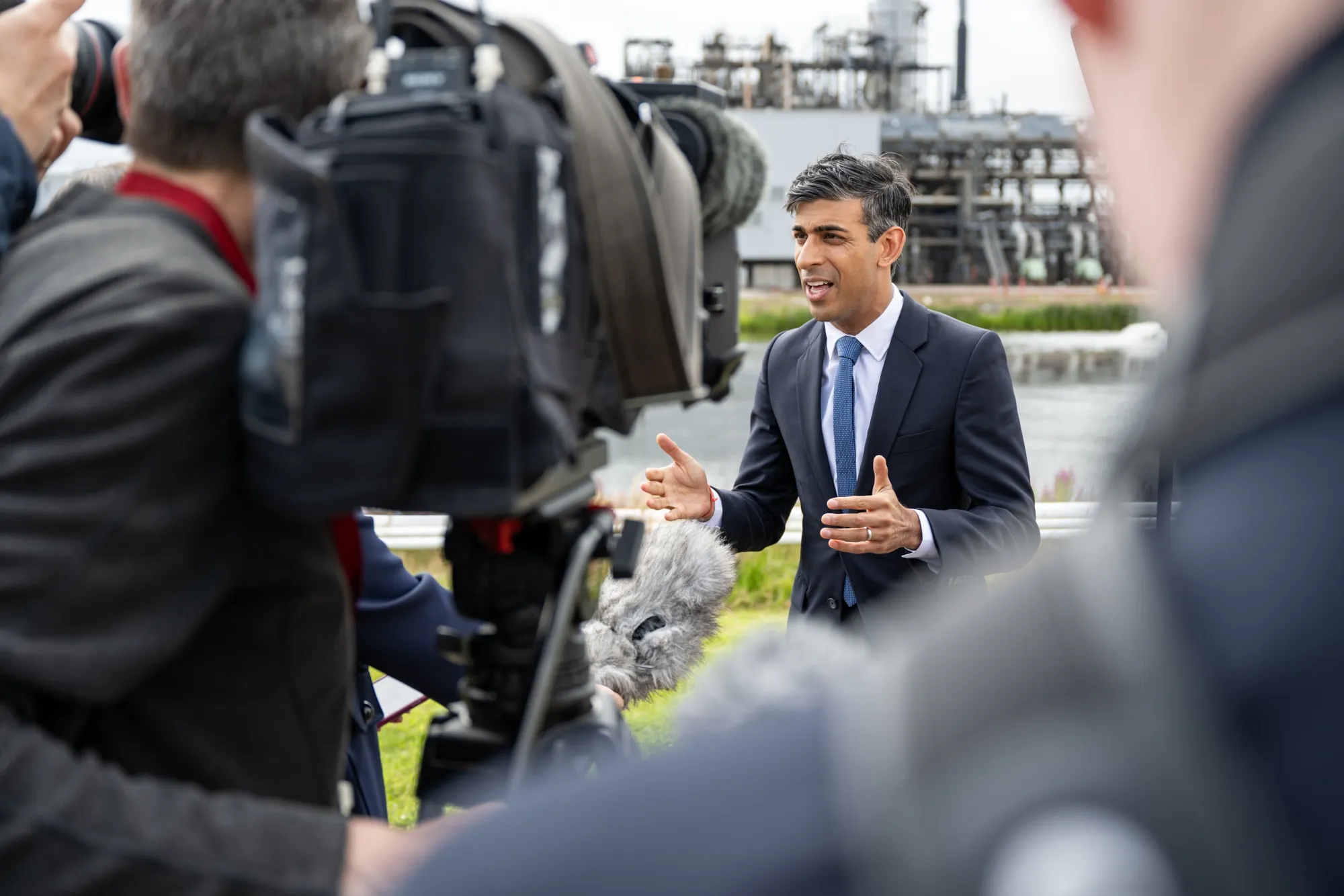Rishi Sunak speaks to the media during his visit to Shell St Fergus Gas Plant in Peterhead, on Monday in Aberdeenshire, Scotland.&nbsp;