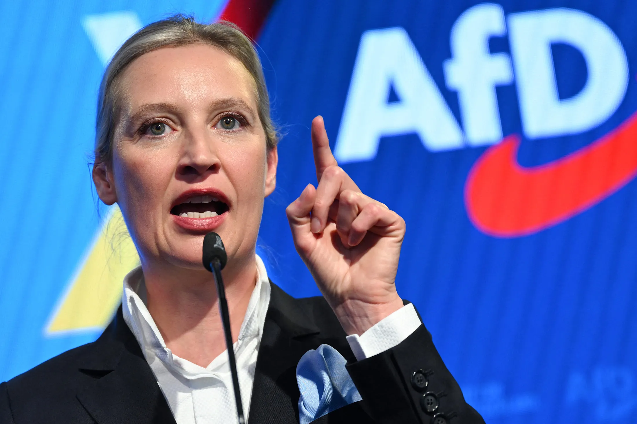 Alice Weidel speaks on stage during an Alternative for Germany (AfD) election night rally in Berlin, Germany, on Feb. 23.