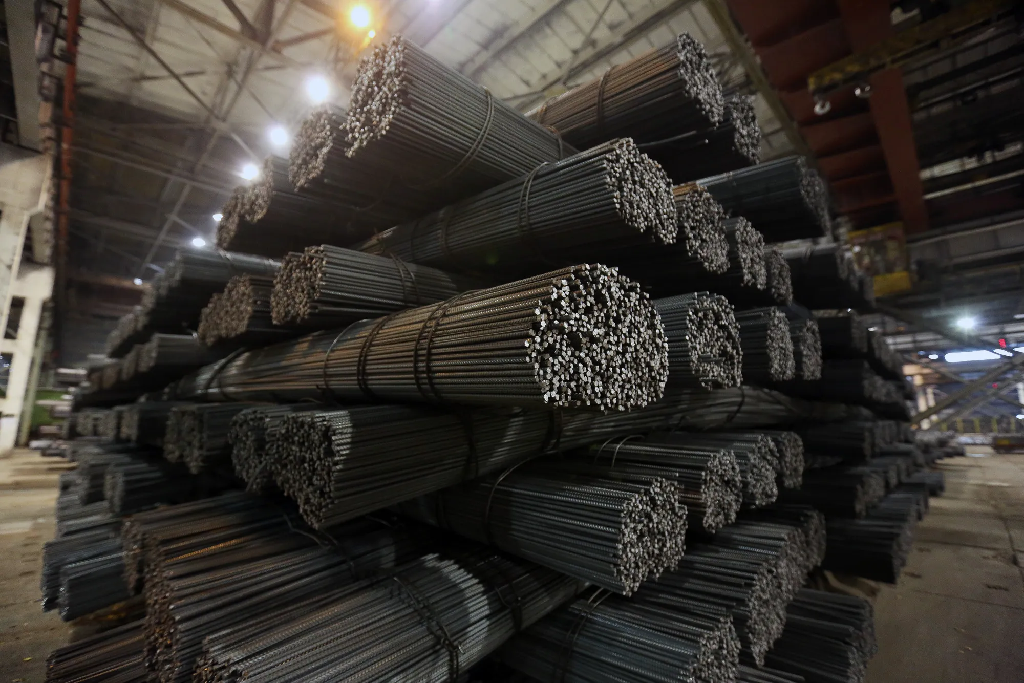 Bundles of steel reinforcement rods in a storage area of a metallurgical plant&nbsp;in Novokuznetsk, Russia.