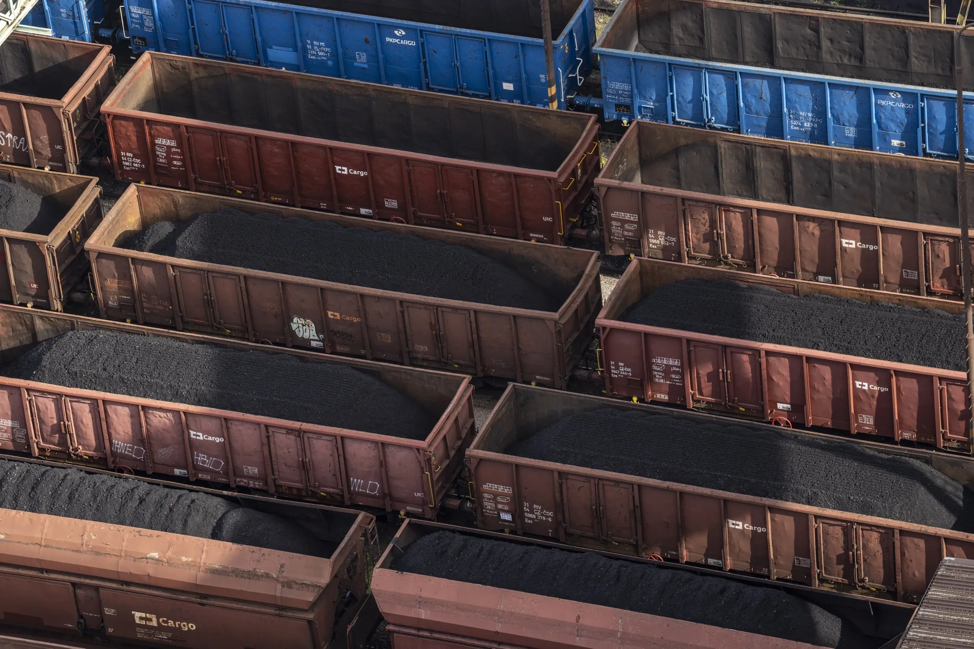 Railway wagons loaded with black coal in Stonava, Czech Republic.