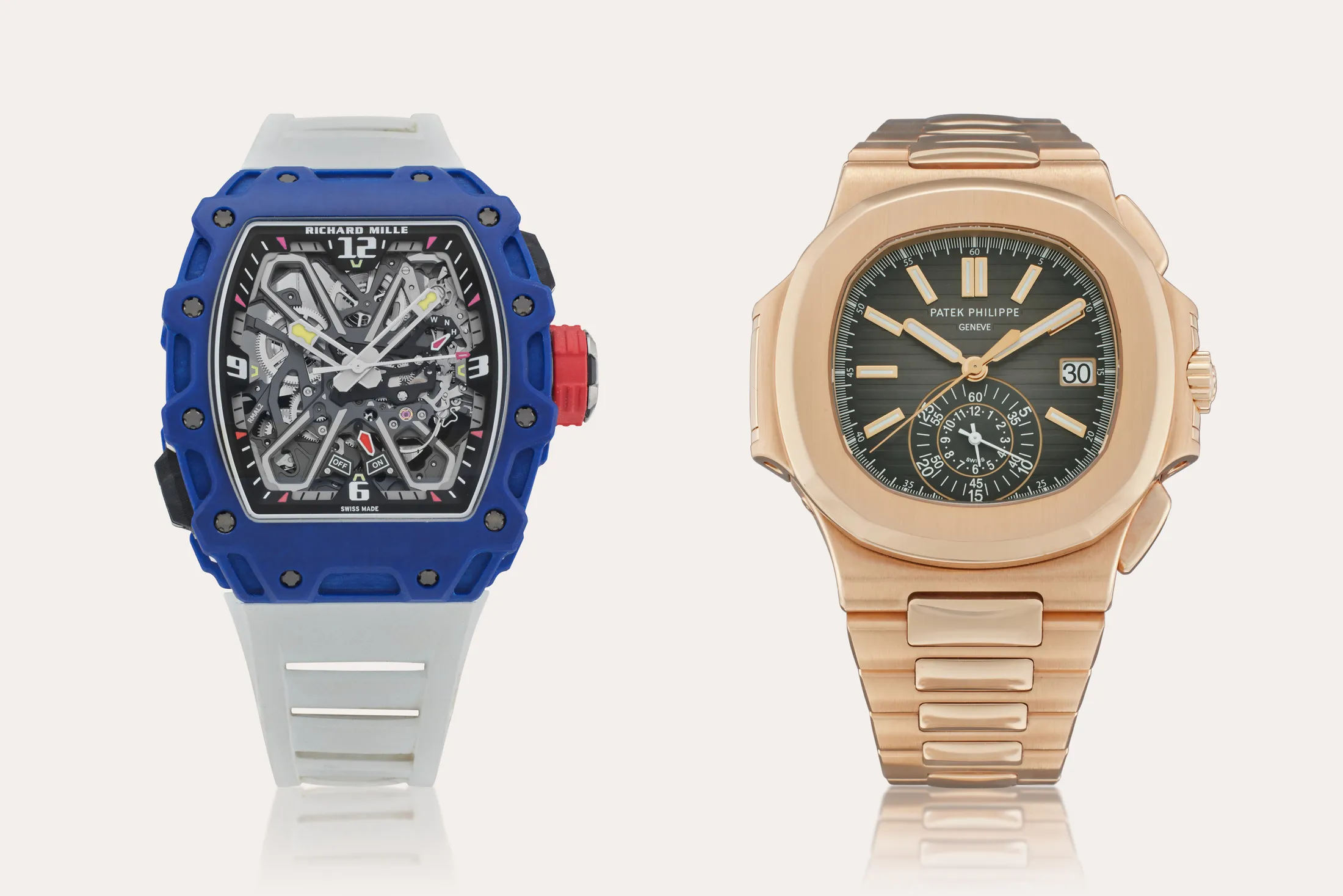 A “Baby Nadal” (left) by Richard Mille carries a presale estimate of $300,000 to $500,000;&nbsp;the rose gold Patek Philippe Nautilus is estimated to sell for $180,000 to $240,000.