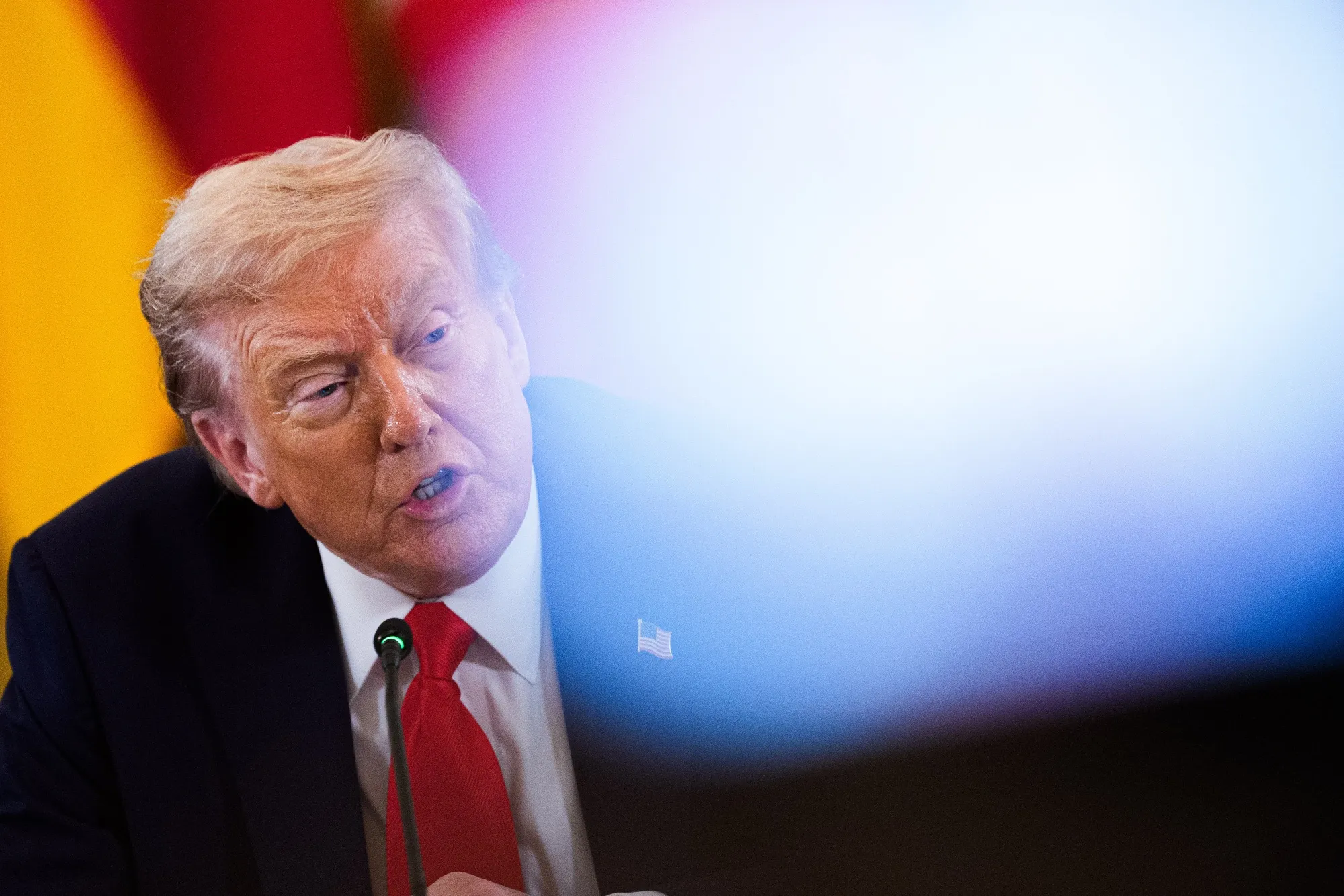 US President Donald Trump during a multilateral meeting with European leaders in the East Room of the White House in Washington, on Monday, Aug. 18, 2025.