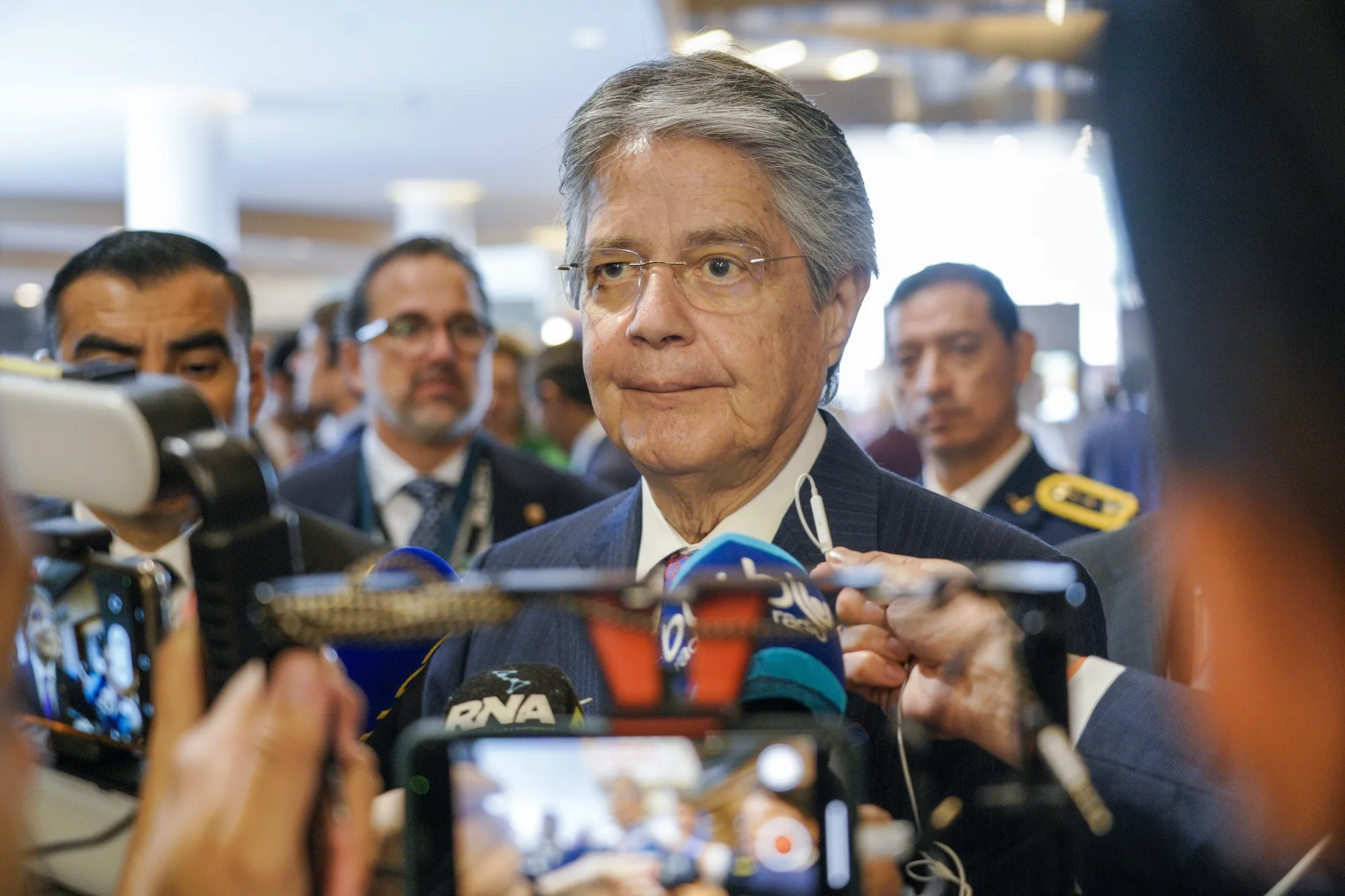Guillermo Lasso, Ecuador's president, speaks to members of the media during the CEO Summit of the Americas hosted by the US Chamber of Commerce in Los Angeles, California, US, on Wednesday, June 8, 2022.&nbsp;