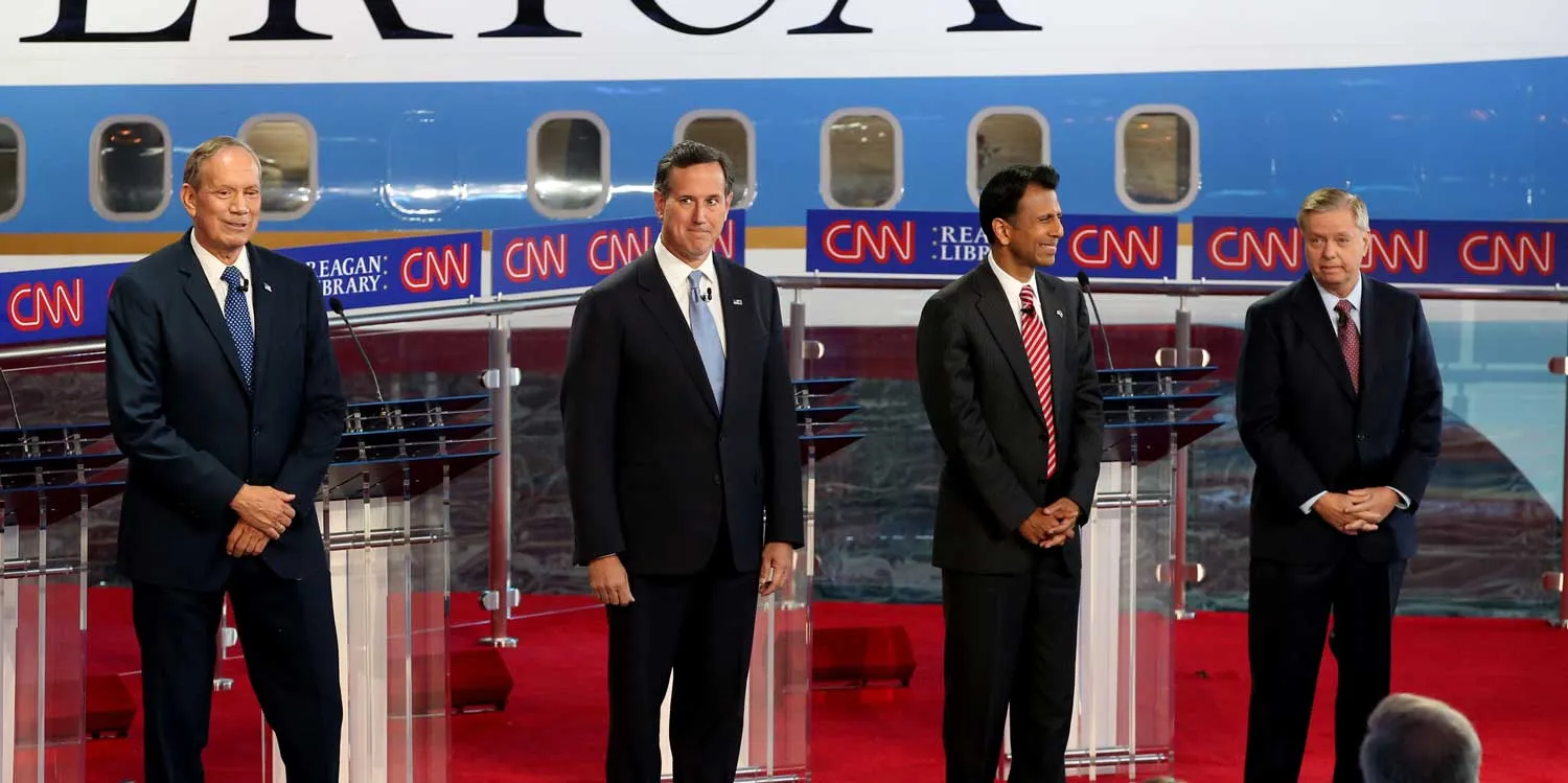 SIMI VALLEY, CA - SEPTEMBER. 16: Republican presidential candidates, (L-R) George Pataki, Rick Santorum, Louisiana Gov. Bobby Jindal and U.S. Senator Lindsey Graham (R-SC) stand onstage during the presidential debates at the Reagan Library on September 16, 2015 in Simi Valley, California. Fifteen Republican presidential candidates are participating in the second set of Republican presidential debates. (Photo by Justin Sullivan/Getty Images)
