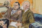 An artist sketch depicts Guy Wesley Reffitt, joined by his lawyer William Welch, right, in Federal Court, in Washington, on Feb. 28.