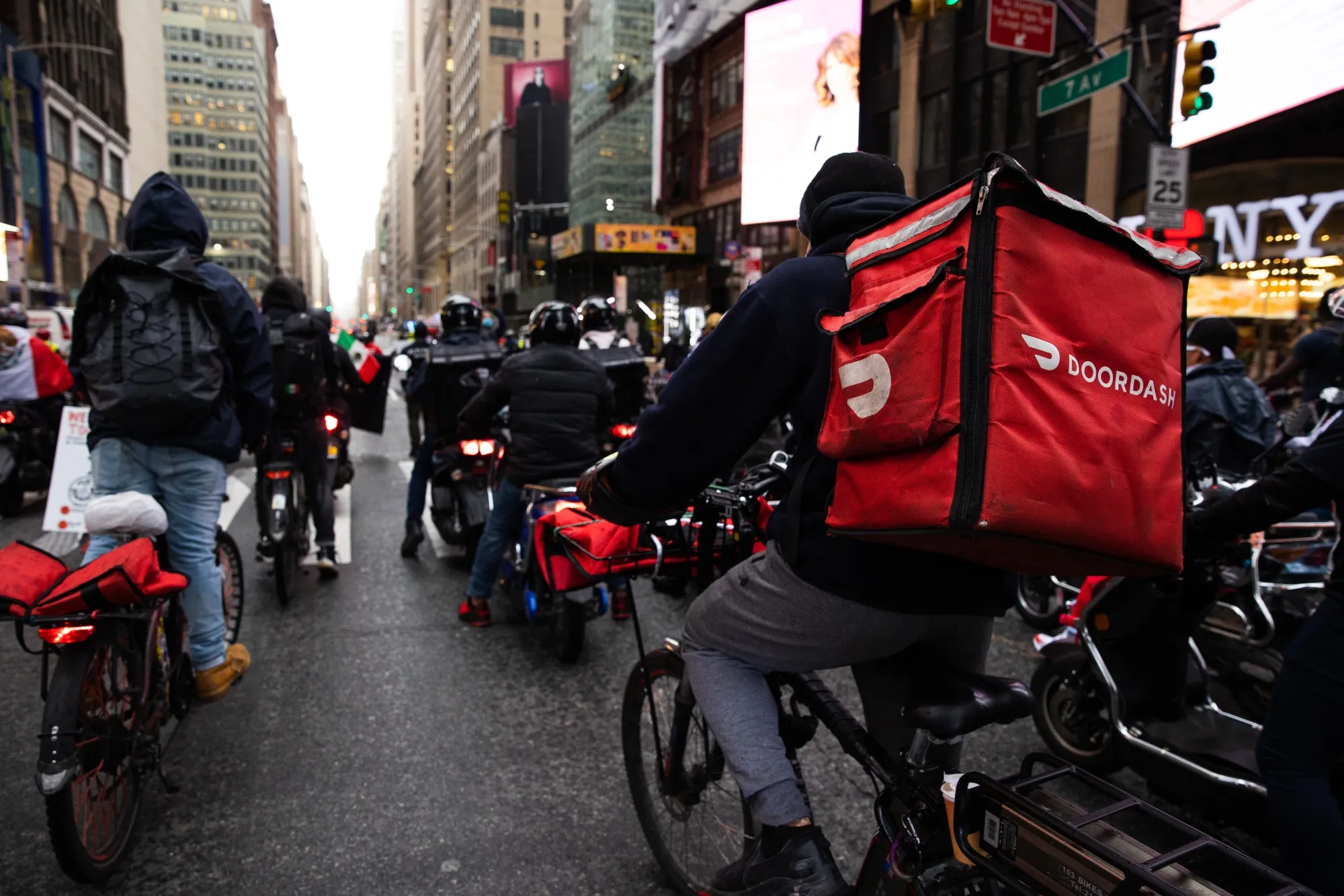 Demonstrators March For Food Delivery Workers Rights