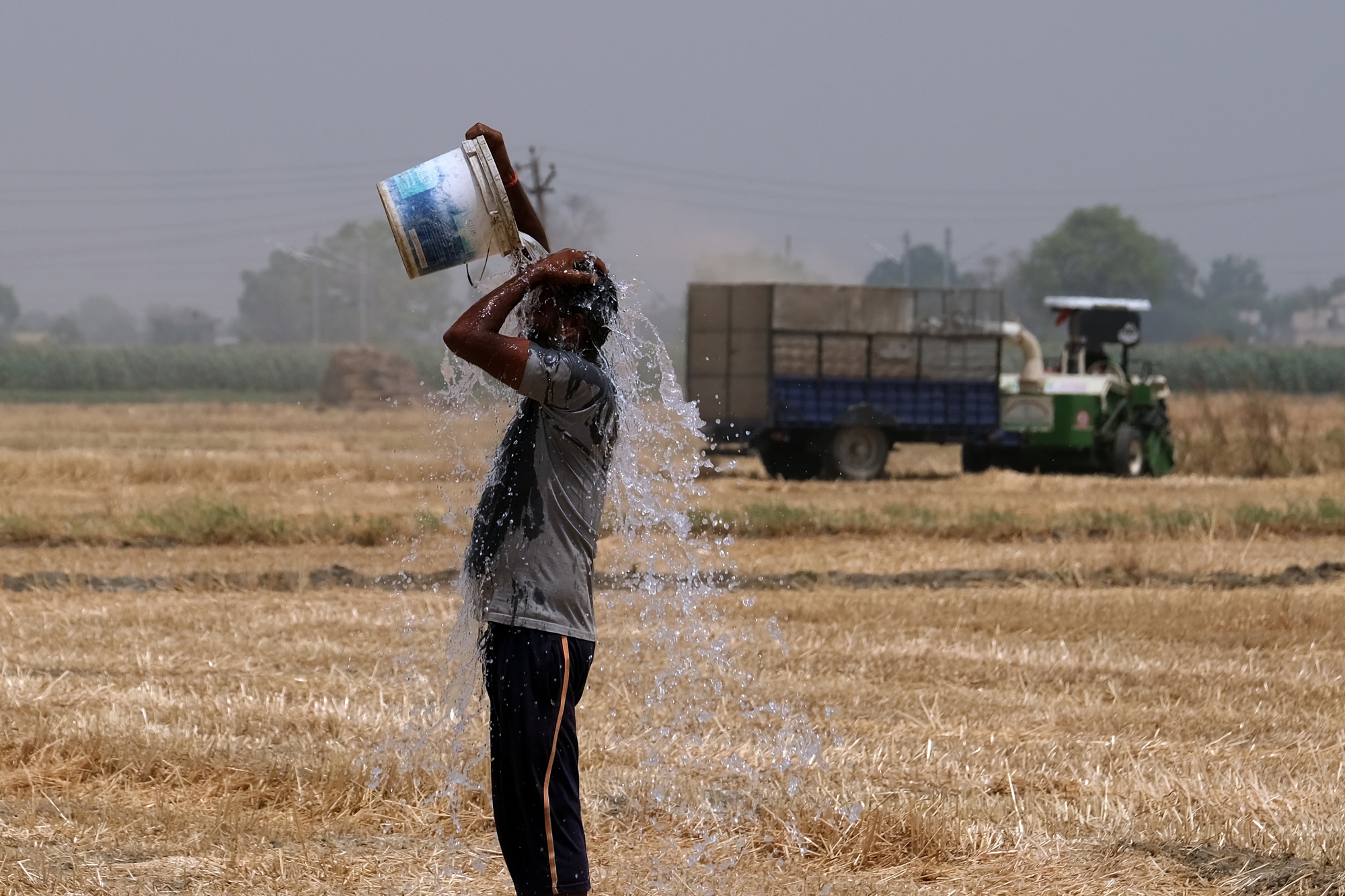 A farmer pours water on himself while working at a wheat farm in Punjab, India in May 2022.&nbsp;