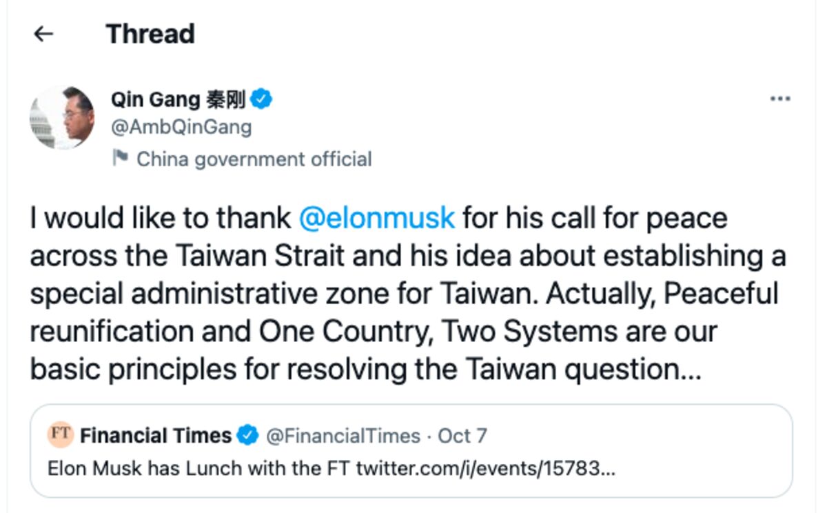 China Hails Elon Musk’s Proposal for Taiwan Unification - Bloomberg